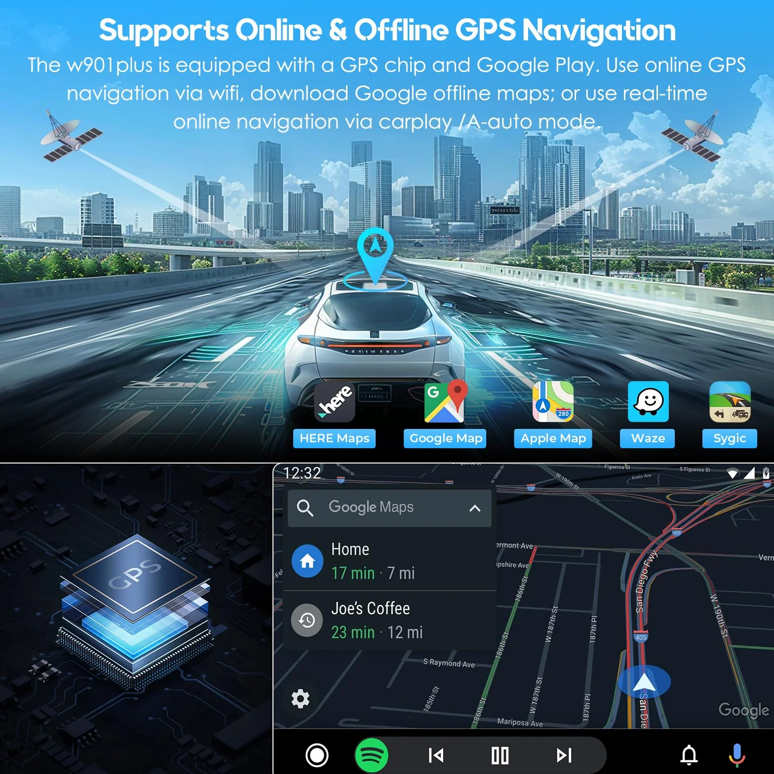 CARPURIDE W901 Plus, CarPlay & Android Auto, wbudowany GPS, system Android 12 2+32 GB, 9-calowy ekran HD, G00GLE Play, Bluetooth Audio, Mirror Link, GPS