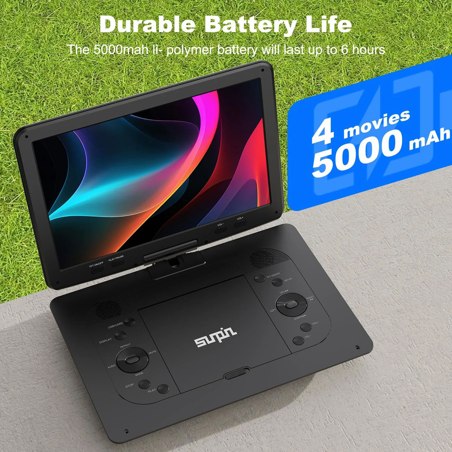 SUNPIN Przenośny Odtwarzacz DVD 16,9" z Ekranem HD 14,1", Dla Dzieci, z Wbudowaną Baterią 6 Godzin, Synchronizacja TV Video Player USB/Kart SD