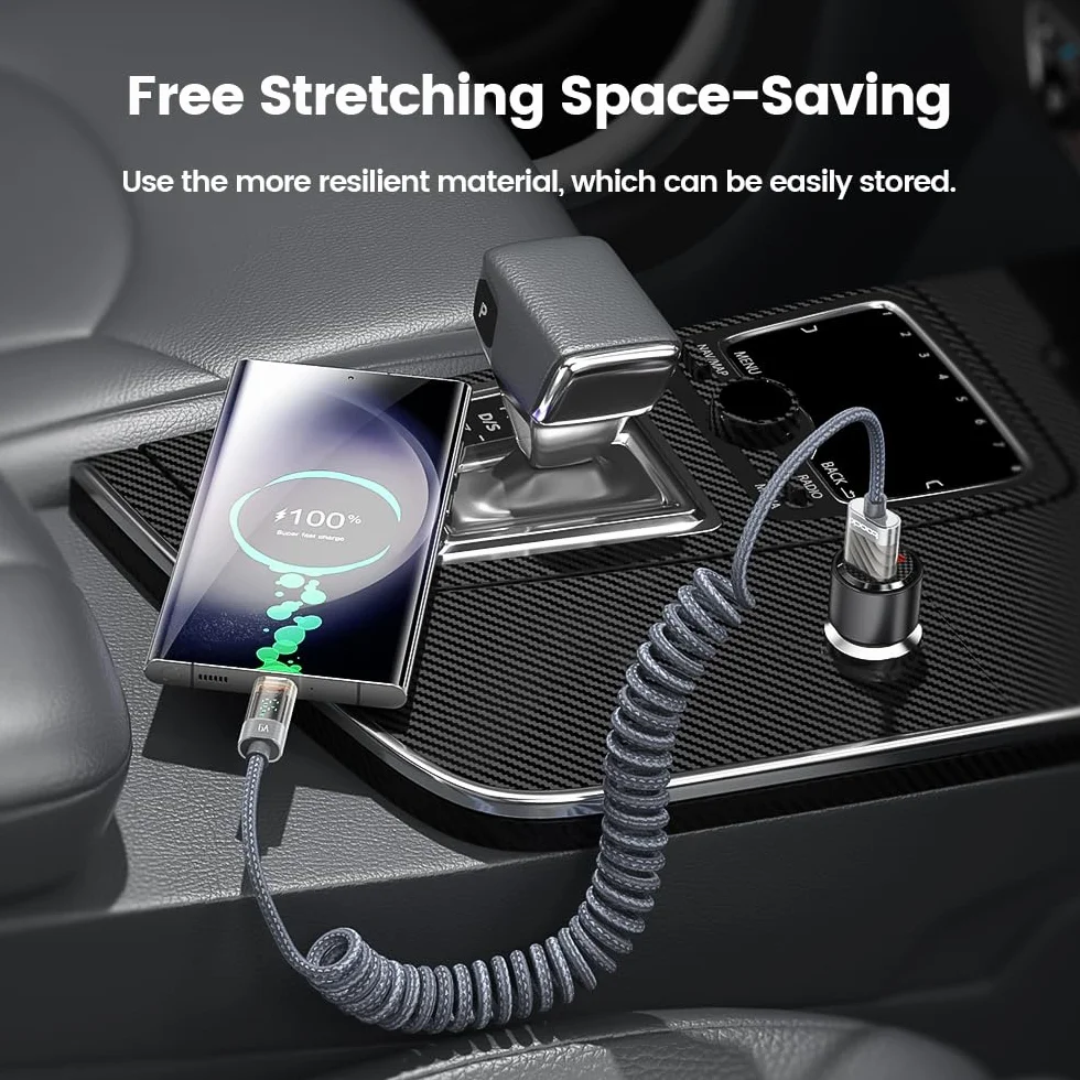 toocki Kabel USB C 6 A, super szybkie ładowanie, 1,8 m, rozciągliwy kabel do ładowania LED, wskaźnik wydajności, kabel spiralny wysokowydajny do Galaxy S24/S23/S22/Huawei P40/Mate 30/Xiao-mi, do