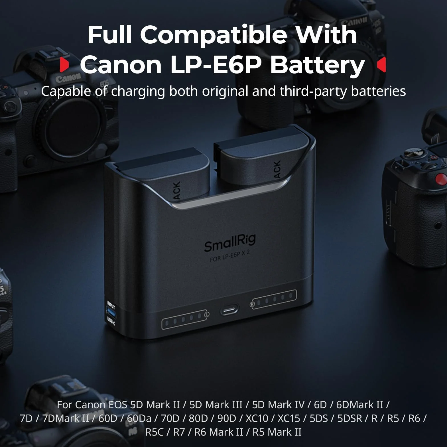 SMALLRIG Ładowarka akumulatorów LP-E6P LP-E6NH LP-E6N LP-E6 do Canon, 2-godzinna ładowarka z dwoma gniazdami i portem USB-C 22,5 W, w pełni kompatybilna z aparatami EOS R5 II, R6 II R5, R6, R7-5490