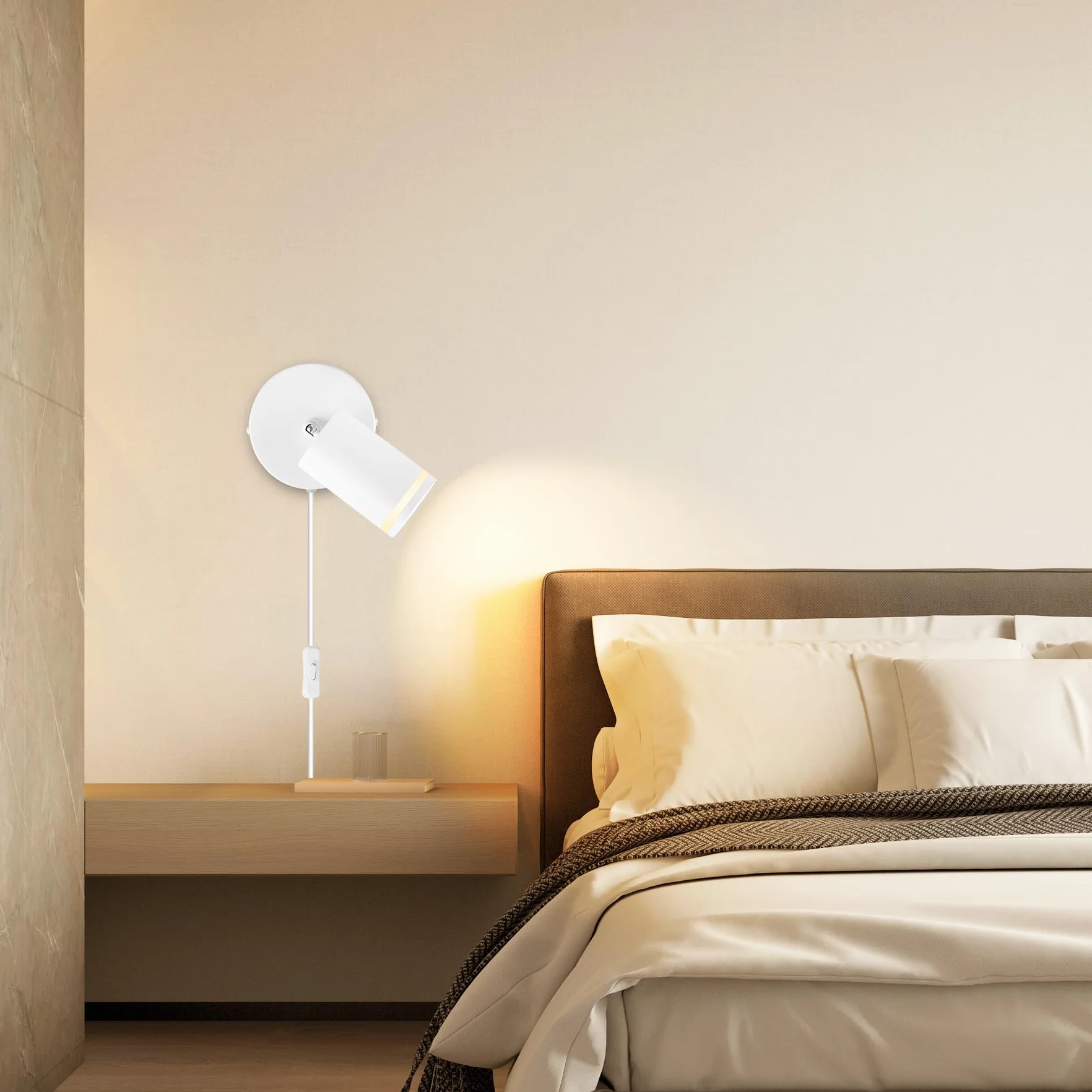 Lampa ścienna z przełącznikiem i wtyczką biała GU10 – lampa ścienna wewnętrzna z przełącznikiem, obracana o 350°, lampa ścienna do sypialni, salonu, korytarza, bez źródła światła