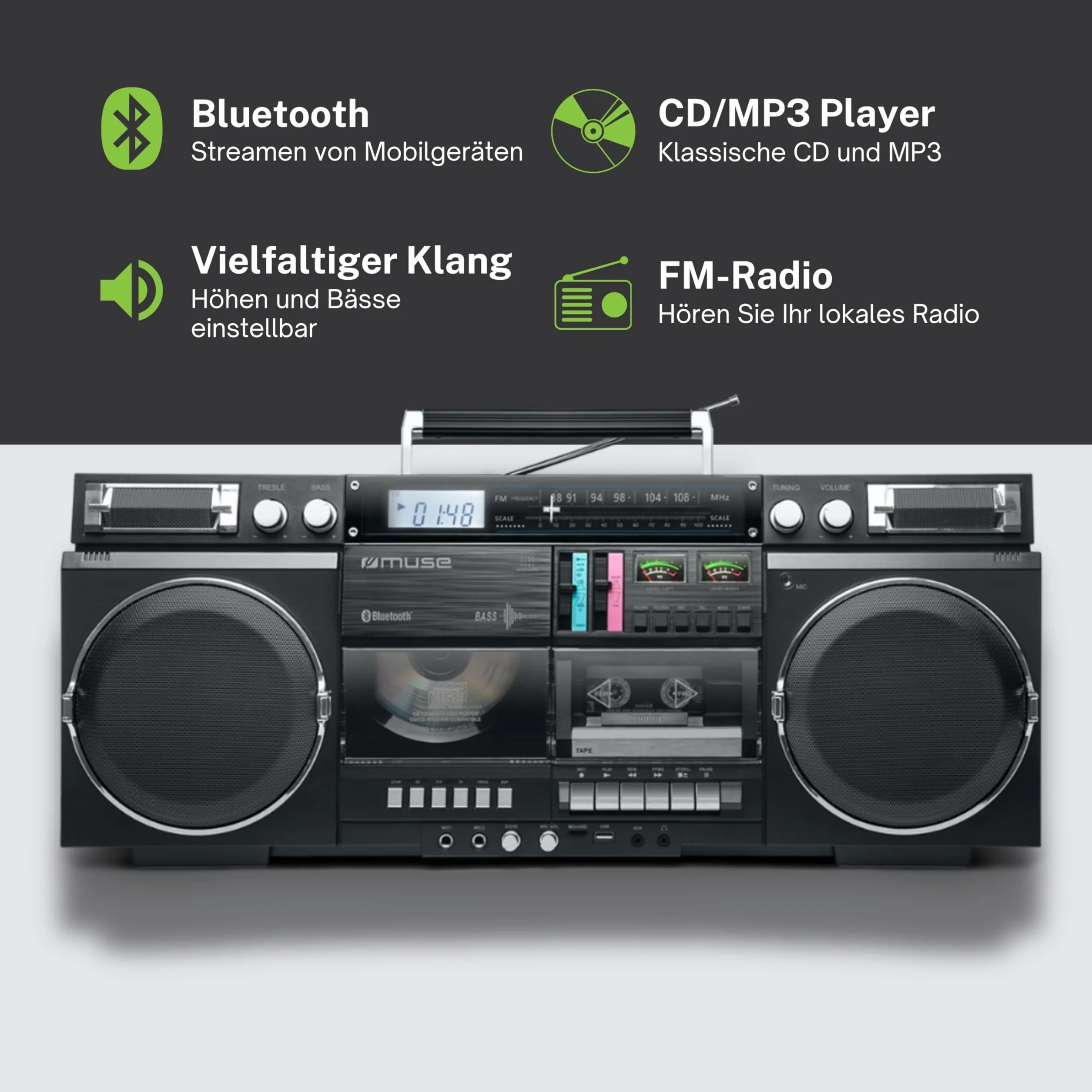 MUSE Boombox Bluetooth Retro z radiem CD magnetofonem 80 W USB Aux micro SD