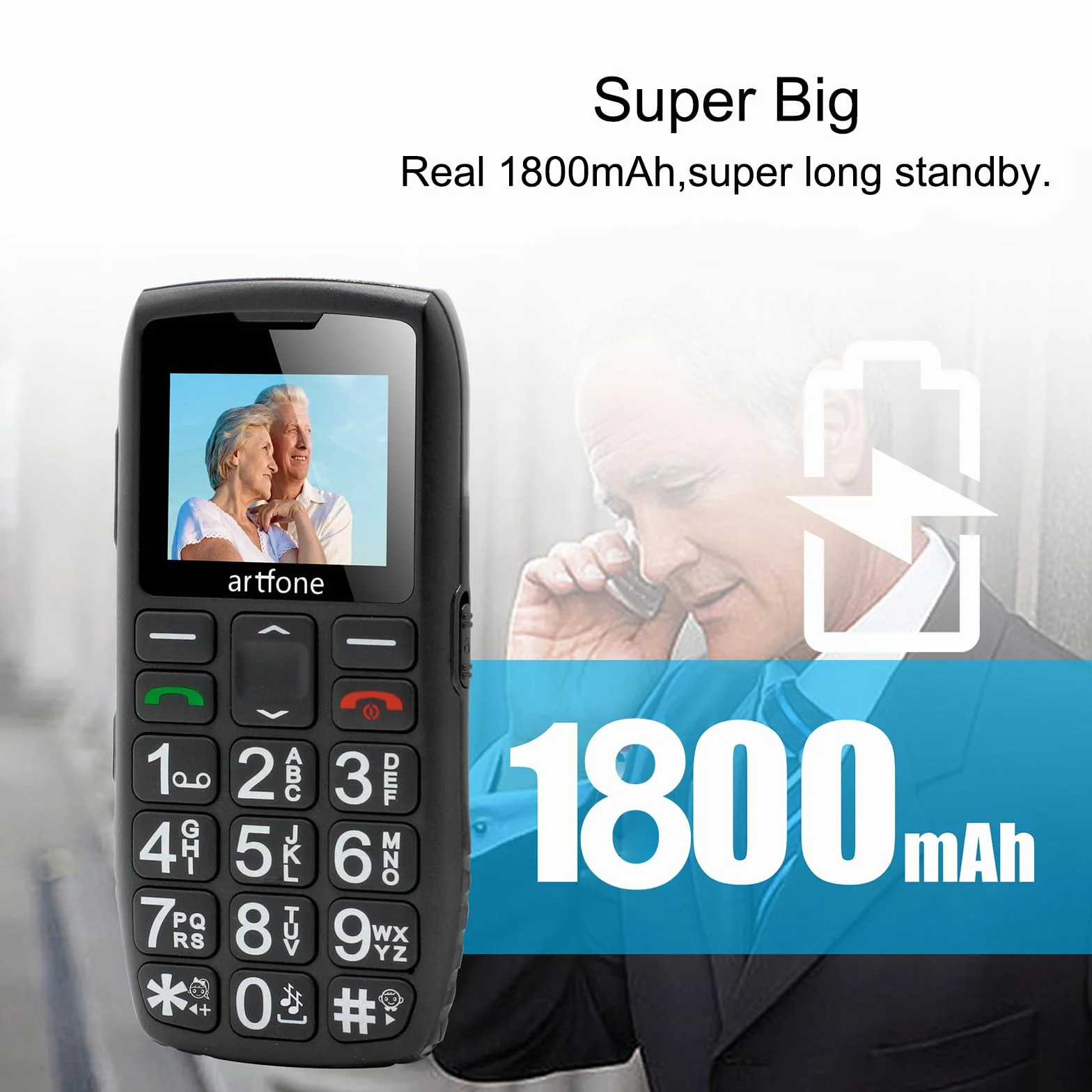 artfone Starszy telefon komórkowy z dużymi przyciskami, LTE telefony dla osób starszych, funkcja SOS, wysoka głośność, bateria 1400 mAh, podstawa ładująca z USB C1 4G, czarny