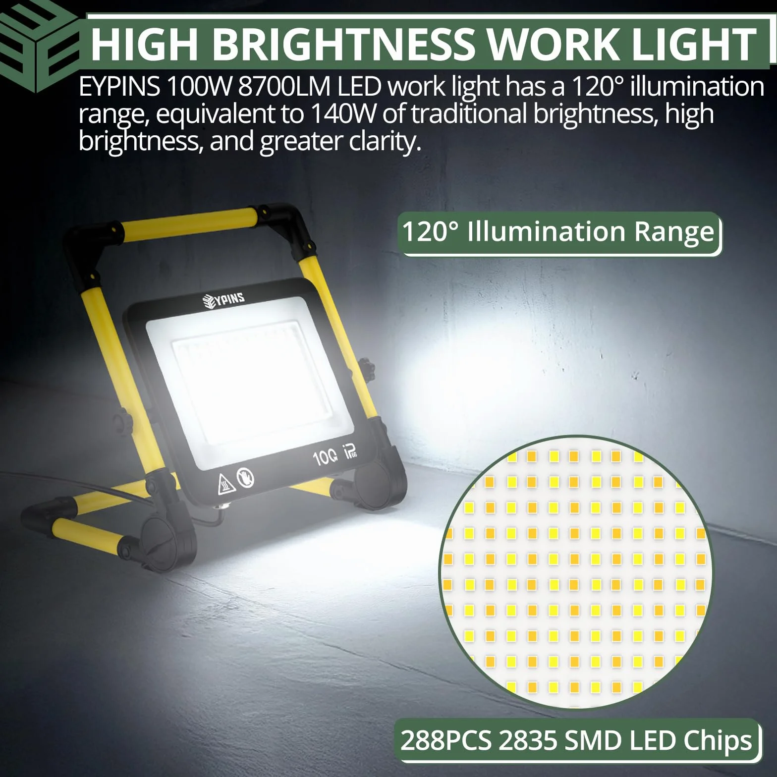 EYPINS Reflektor budowlany LED, 100 W, lampa robocza z wtyczką kabla 5 m, 3000 K/5000 K/6000 K, regulowane światło, IP66, wodoszczelny reflektor roboczy, 8000 lm, przenośny, do warsztatu, konserwacji