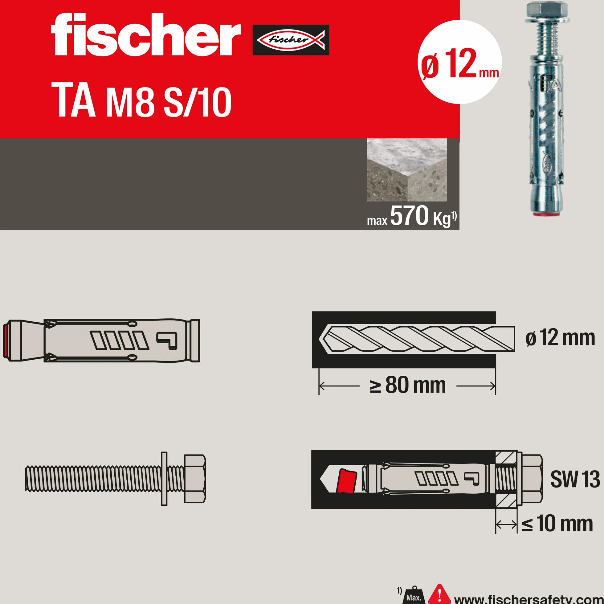 Fischer 71253 Tasselli in Acciaio Con Testa Esagonale, Diametro Tassello Pz kołki stalowe TA M 8 ze śrubą sześciokątną, średnica kołka 10 mm, 8 sztuk, stal ocynkowana, M8 + Vite