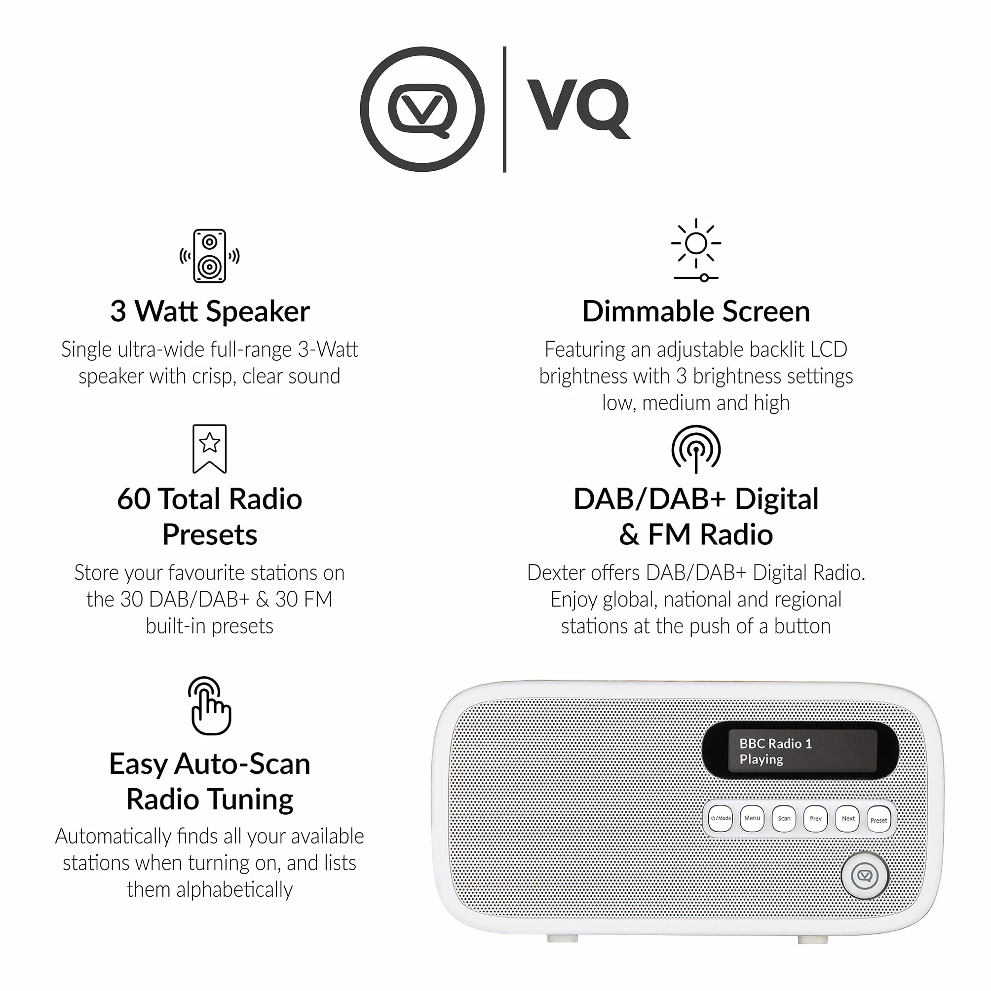 VQ Dexter Radio DAB Plus/DAB z FM, Głośniki Stereo 3W i Wyświetlacz LCD - Zasilane z Prądu i Baterii, Przenośne Radio z 60 Zapamiętanymi Stacjami, Anteną i Gniazdem Słuchawkowym - Dąb