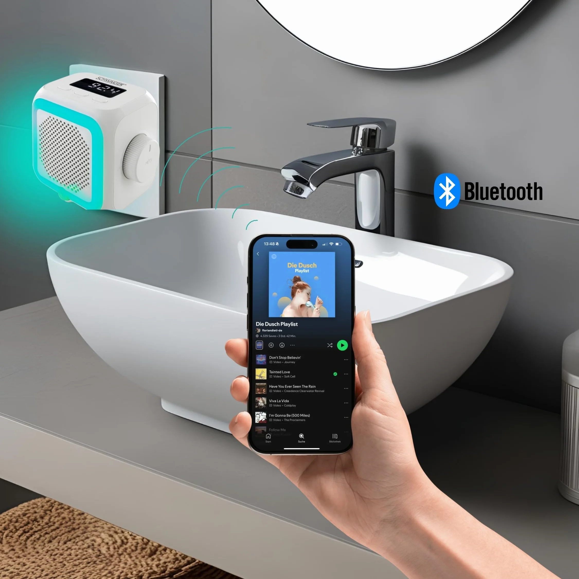 SCHWAIGER Socket Radio Budzik FM Bluetooth Czujnik ruchu Lampka nocna Wyświetlacz Mini Łazienka Kuchnia Sypialnia