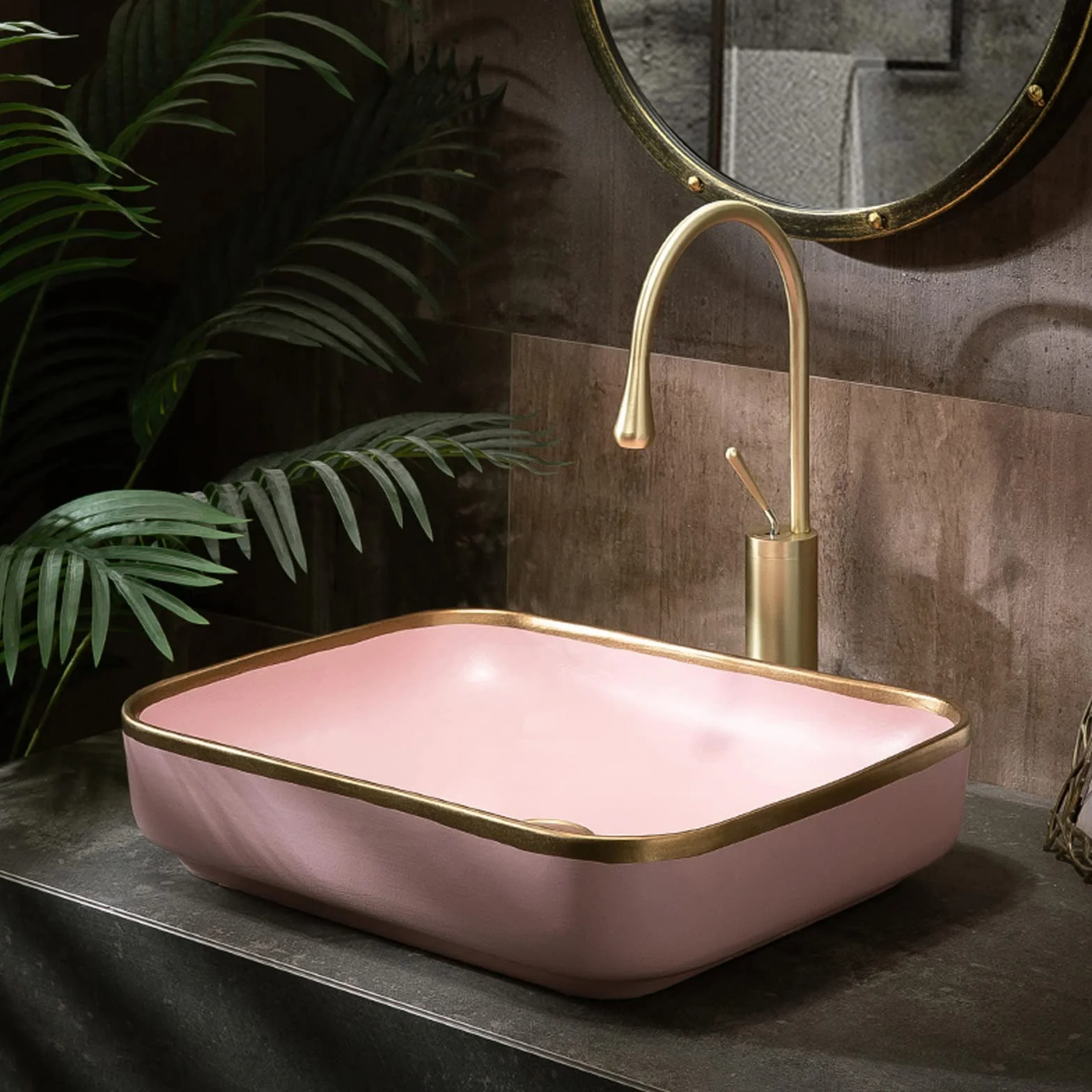 Umywalka Łazienkowa 20,4"×15,7" Prostokątna Umywalka Nablatowa Golden Edge Porcelanowa Ceramiczna Umywalka Nablatowa Umywalka Nablatowa Artystyczna Umywalka Idealna (Roze)
