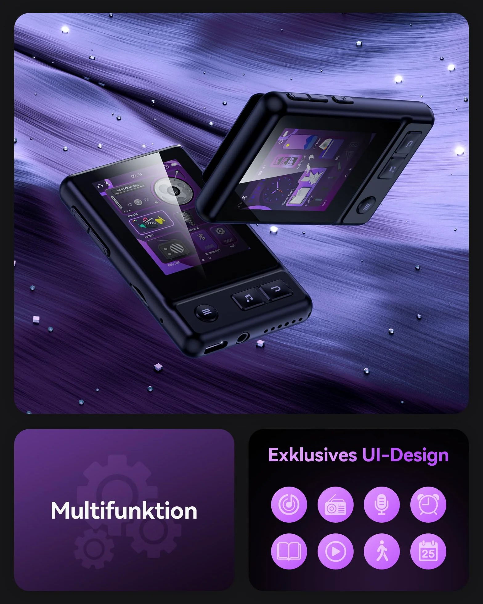 AGPTEK Odtwarzacz MP3 Bluetooth 5.3, 32 GB, ekran dotykowy, sportowy kolorowy ekran TFT 2,4", obsługuje karty TF do 128 GB, odtwarzacz z klipsem, wbudowany głośnik, radio FM, e-book, dźwięk HiFi,