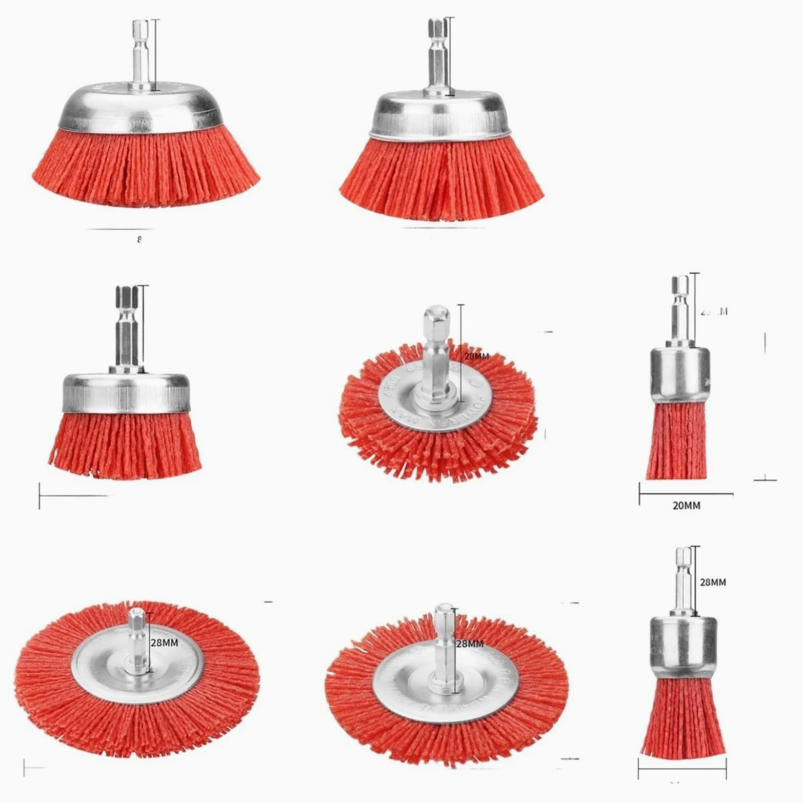 Tarcze szczotkowe z drutu, Szczotka ścierna nylonowa 25-100 mm 1/4" Wiertło z chwytem sześciokątnym Do usuwania drewna i metalu(8Pcs set)