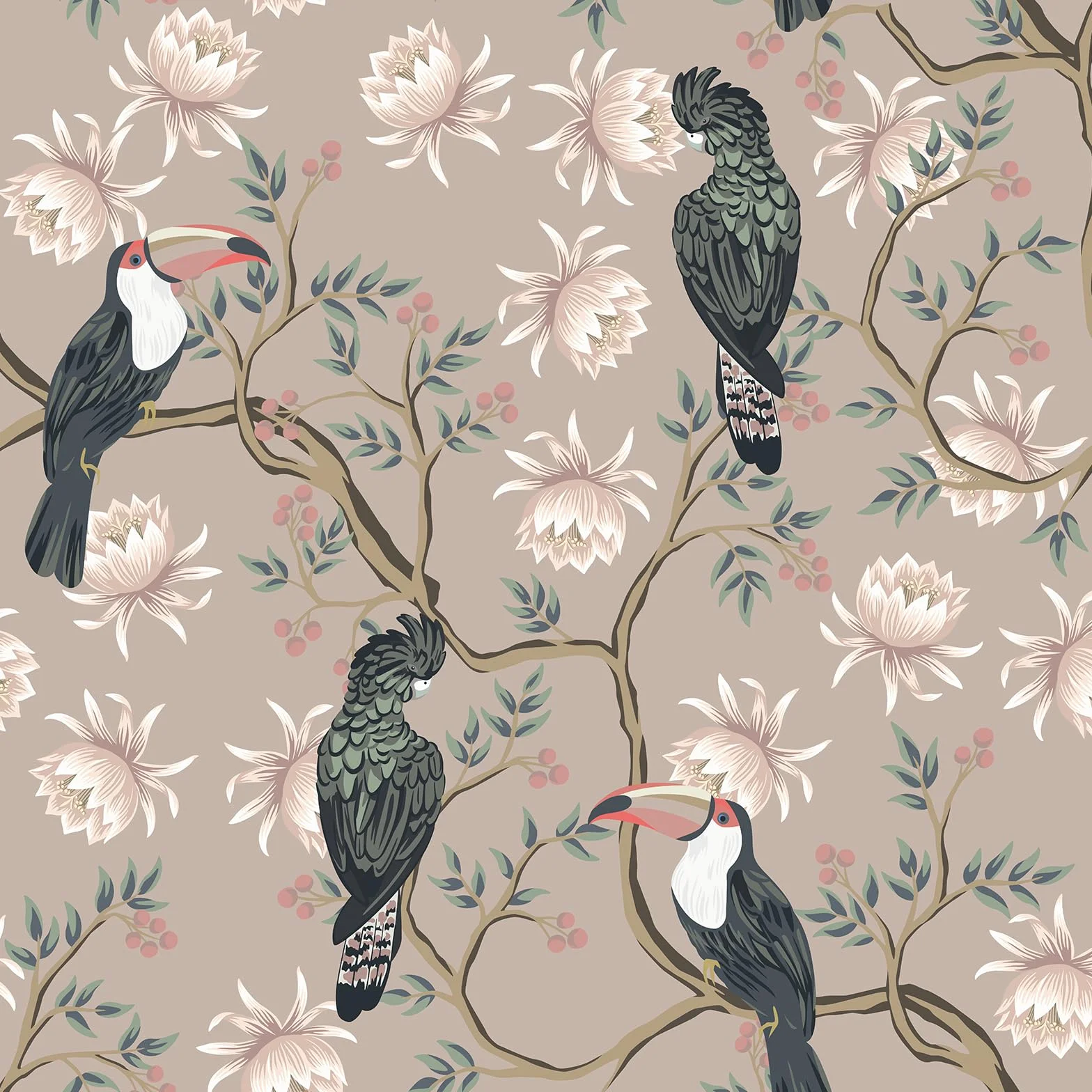 VEELIKE Tapeta kwiatowa z zakurzonymi różowymi ptakami, vintage chinoiserie, samoprzylepny papier kontaktowy z motywem liści, egzotyczna botaniczna sztuka ścienna, wzorzysty tropikalny mural ścienny
