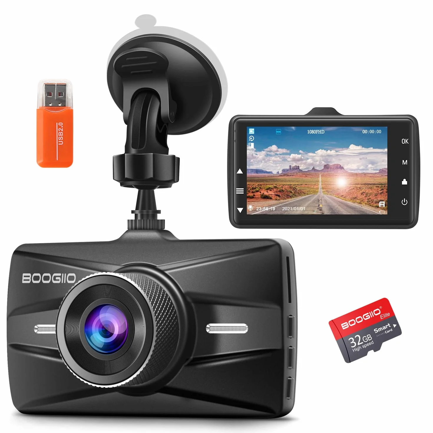 BOOGIIO 1080P FHD Car Driving Recorder 3'' IPS Screen 170° Wide Angle Kamera przednia z 32G SD Card