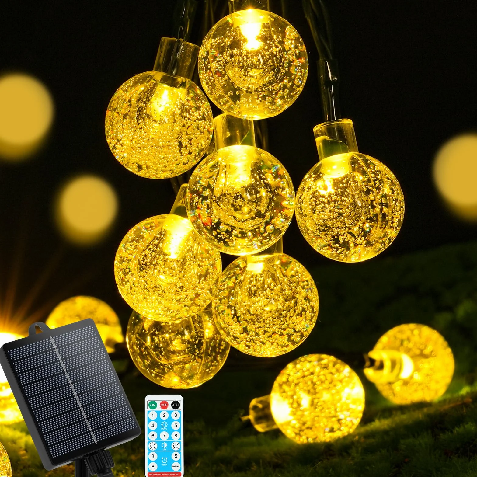 AUAUY solarny łańcuch świetlny na zewnątrz, odporny na warunki atmosferyczne, 7 m, 50 diod LED, 8 trybów pracy, IP65, solarny łańcuch świetlny z kryształowymi kulkami, na zewnątrz/do wnętrz