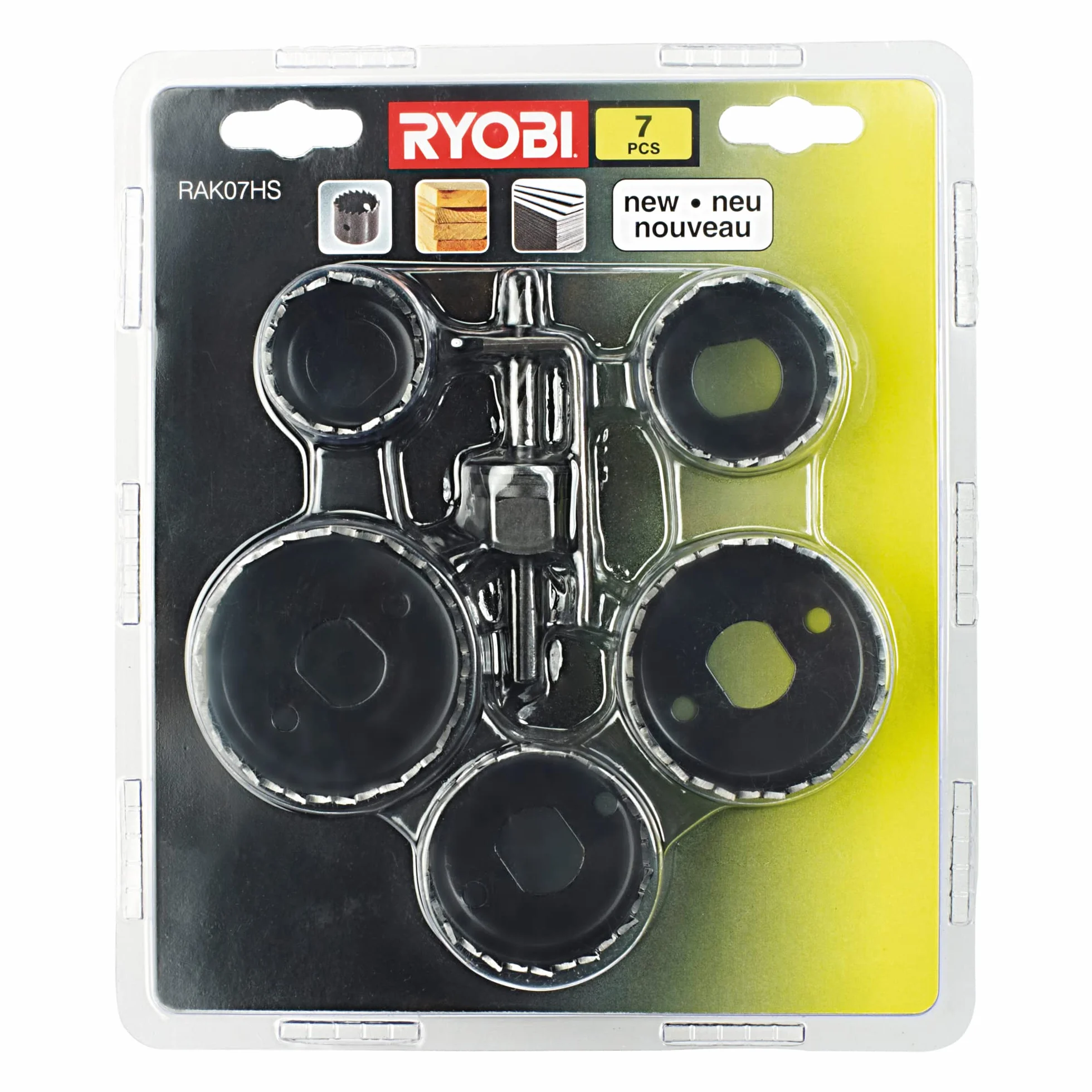 Ryobi Zestaw otwornic, RAK07HS, stal węglowa, przeznaczone do wiercenia w drewnie, 5 szt., rozmiary 32 mm, 38 mm, 45 mm, 50 mm, 54 mm, w komplecie trzpień pilotujący i klucz imbusowy.