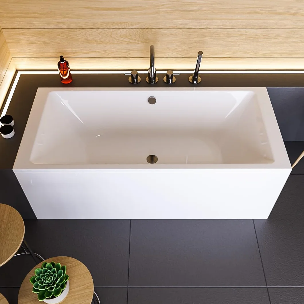 Wanna ECOLAM Tami 200x90 cm + fartuch | Nowoczesna, duża wanna dla dwóch osób | Prostokątna wanna akrylowa, najwyższa jakość | Kompletny zestaw odpływowy, nóżki, silikon | Design