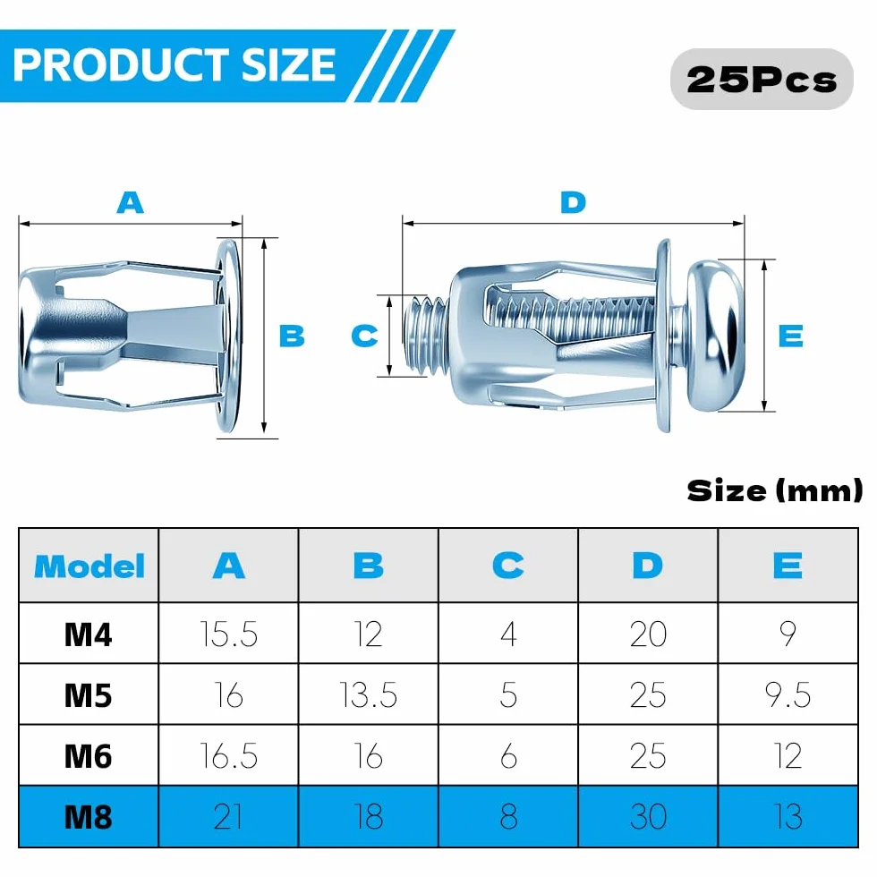 25 szt. nakrętek Jack Nuts, Cavity Metal AnchorsM8 x 30, kołki rozporowe Płatki, metalowe kołki rozporowe do płyt gipsowo-kartonowych, kołek rozporowy z pustej przestrzeni, Thin Walls Hollow