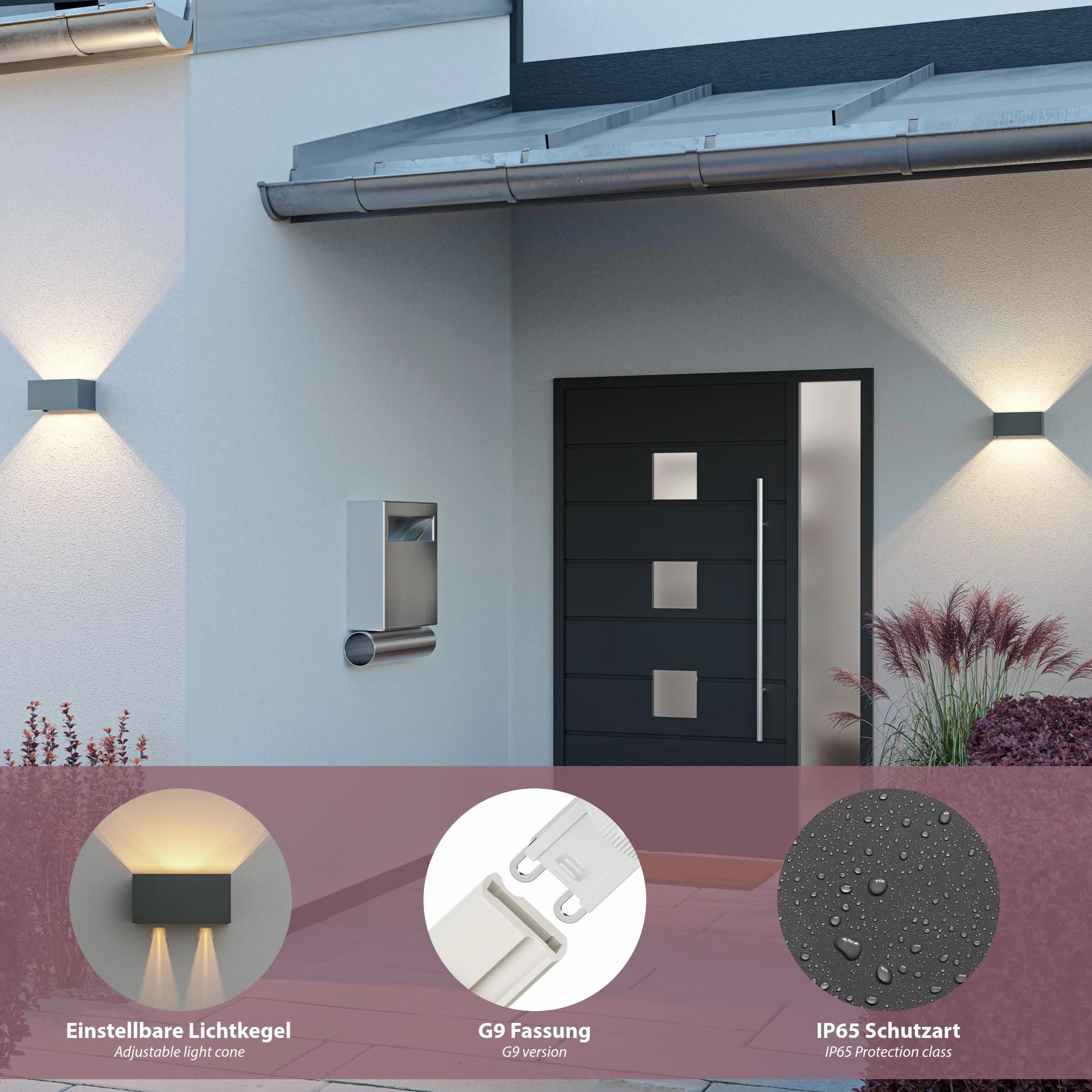 ledscom.de 6x kinkiet CUBEL do zastosowań zewnętrznych, IP65, oświetlenie skierowane w górę/w dół, antracyt matowy, prostokątny, 2x G9, maks. 10 W