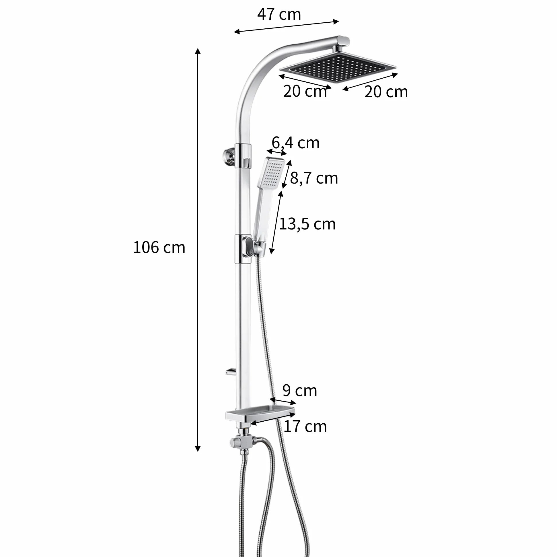MINGYI Hydromasażowa kolumna prysznicowa z prysznicem, kwadratową głowicą prysznicową 20 cm i mydelniczką, bez baterii, standardowe złącze DIN 1/2'' (srebrna)