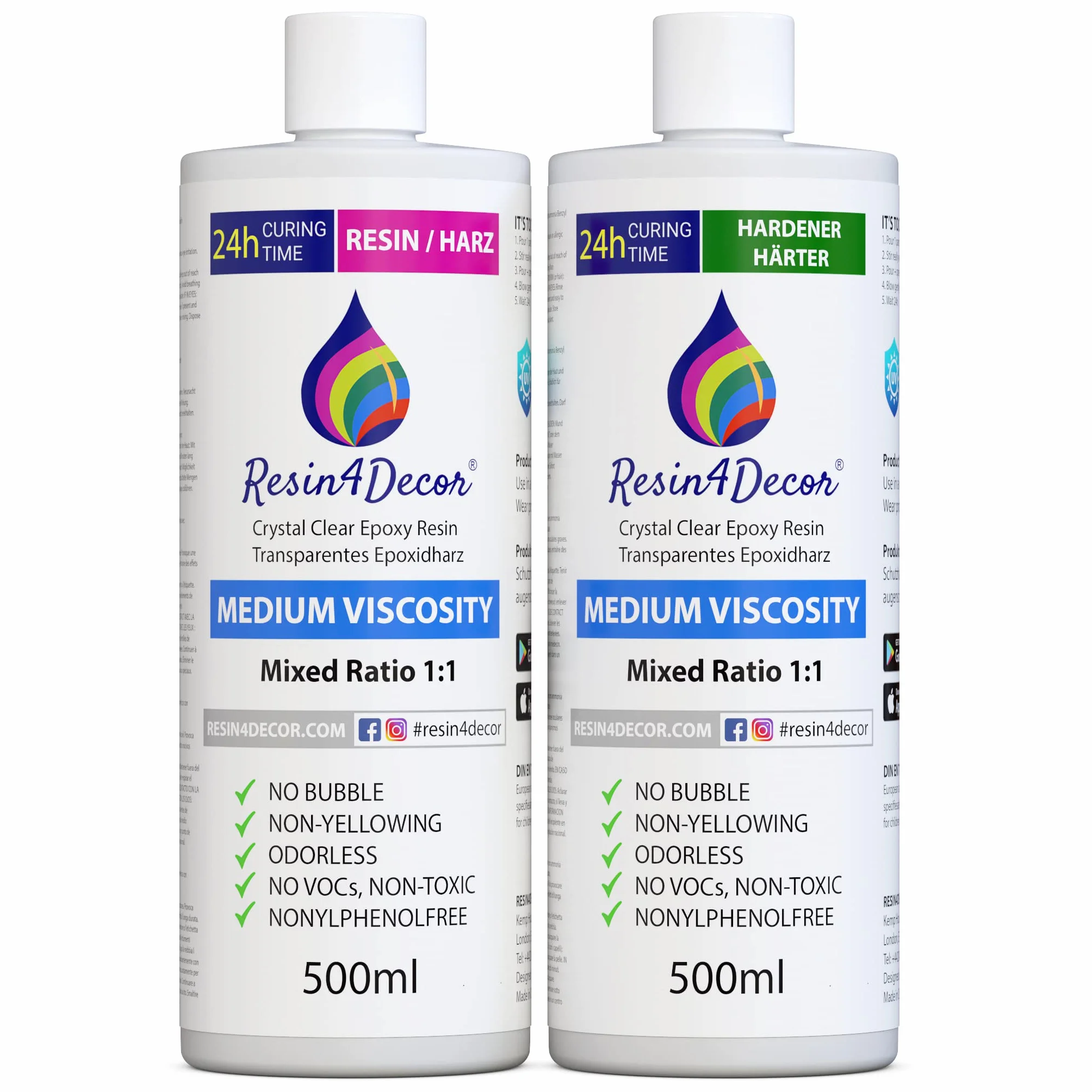 Żywica epoksydowa RESIN4DECOR 1:1, klej z żywicy odlewniczej, do rzemiosła artystycznego, biżuterii, kształtów, kryształowa, przezroczysta, nie żółknie, nietoksyczna, wykończenie na wysoki połysk, 24 szt., czas utwardzania, bezwonna żywica do laminowania,