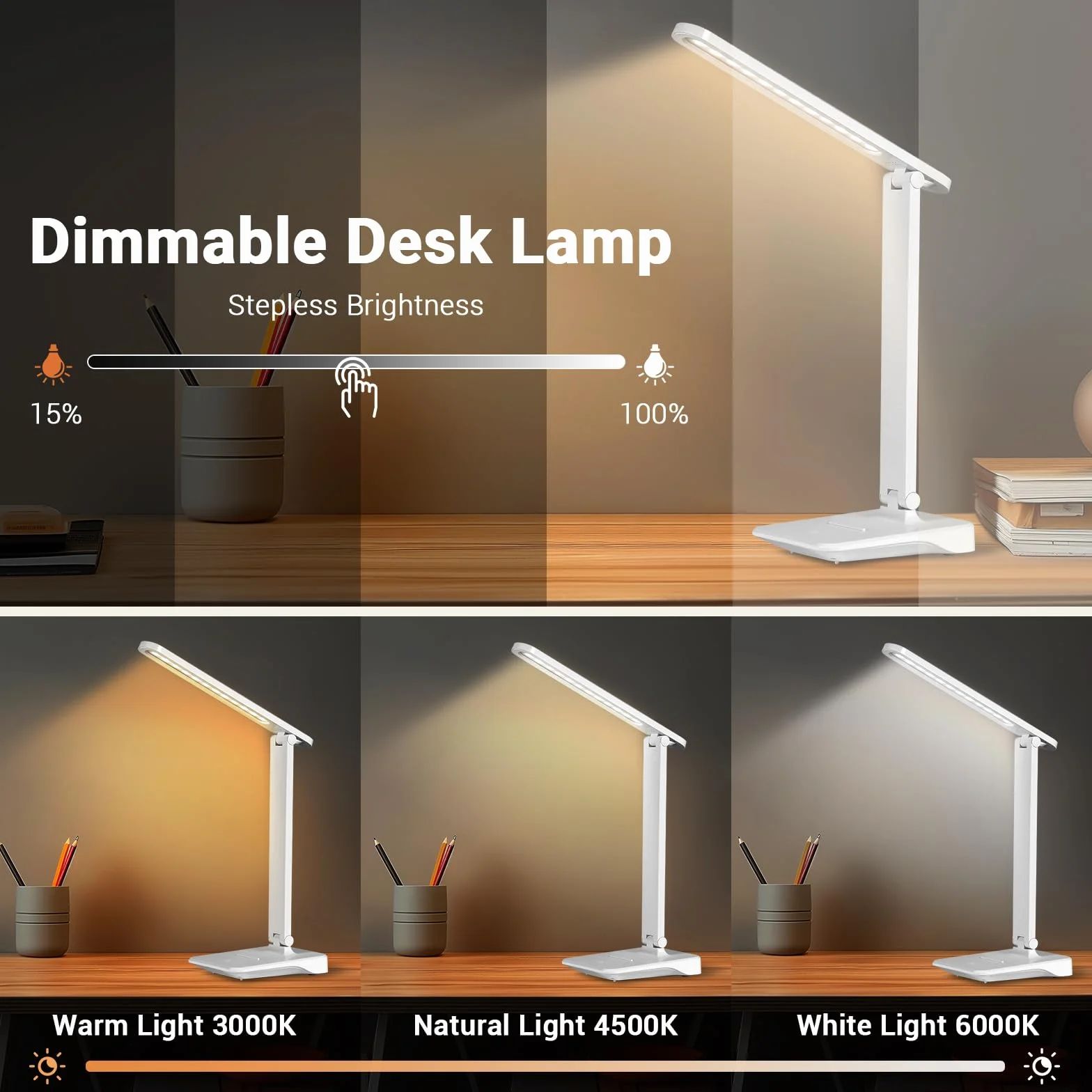 Diboniur Bezprzewodowa lampa biurkowa LED z baterią 2400 mAh, 3 tryby temperatury i regulacja jasności, 15-100%, składana, sterowanie dotykowe, ochrona oczu, do biura, dzieci