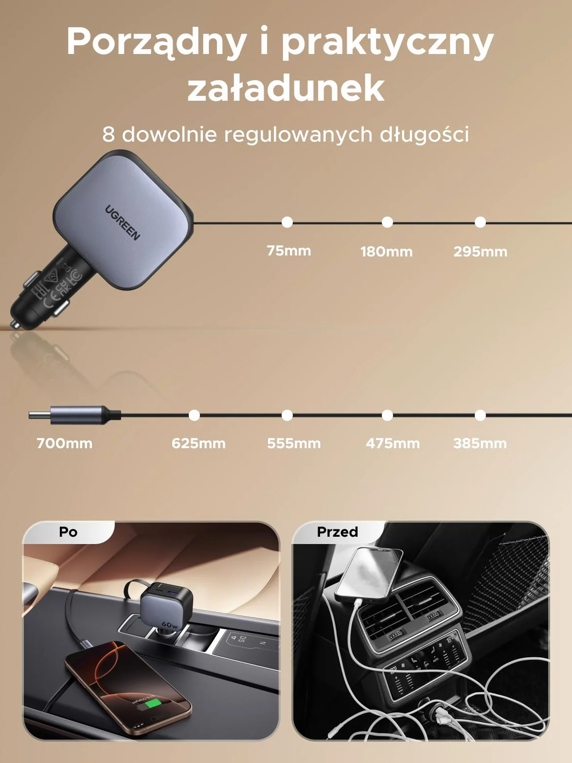 UGREEN 3-portowa zapalniczka samochodowa 60W Chowana ładowarka USB C 12V do iPhone 17/16/15 Galaxy S25/24