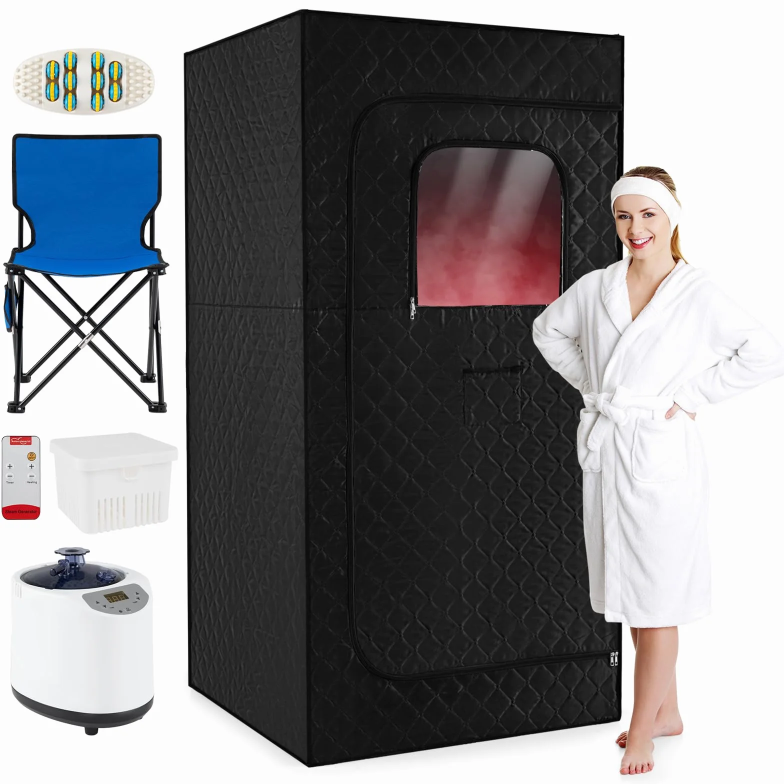 COSTWAY Sauna parowa 3 l, 1200 W, namiot do sauny z 15-stopniową regulacją temperatury, pilot zdalnego sterowania, timer, składane krzesło i mata, przenośna sauna domowa (88 x 88 x 179 cm, czarna)
