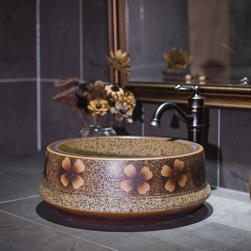 Szafka Pod Umywalkę Z Umywalką, Umywalka Łazienkowa, Umywalka Nablatowa, Brązowa Okrągła, Porcelanowa, Ceramiczna, Umywalka Nablatowa, Umywalka Nablatowa