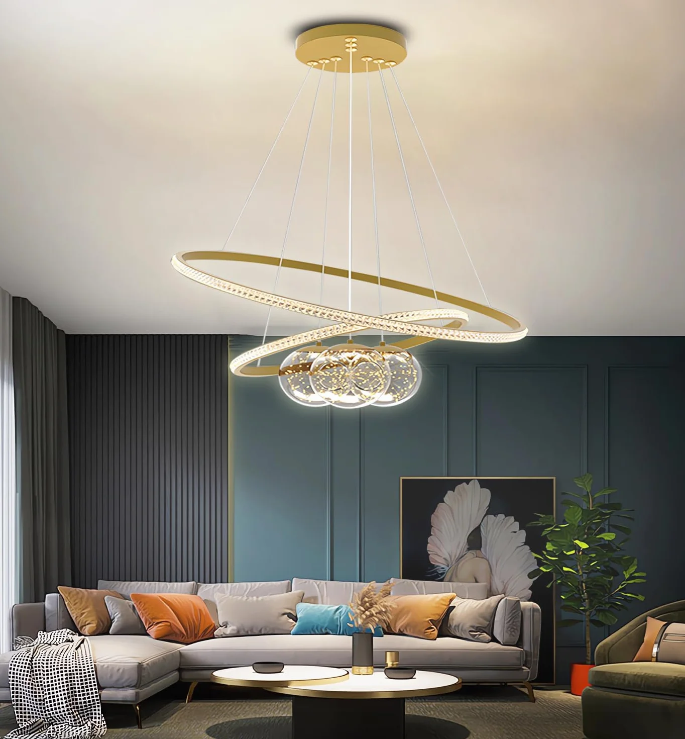 Metalowy żyrandol LED,3 okręgi 40+60+80 cm,lampa sufitowa z regulacją jasności 120 W,pilot zdalnego sterowania 3000-6500 K, lampa wisząca z akrylowym kloszem,oprawy oświetleniowe (Złoto, 60+80)