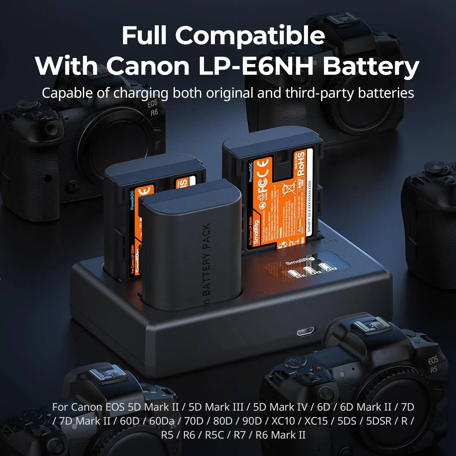 SMALLRIG Zestaw akumulatorów LP-E6NH 1940 mAh 3 baterie ładowarka LCD do Canon EOS R6 Mark II R5 R7 5D Mark II III IV 6D 70D 80D