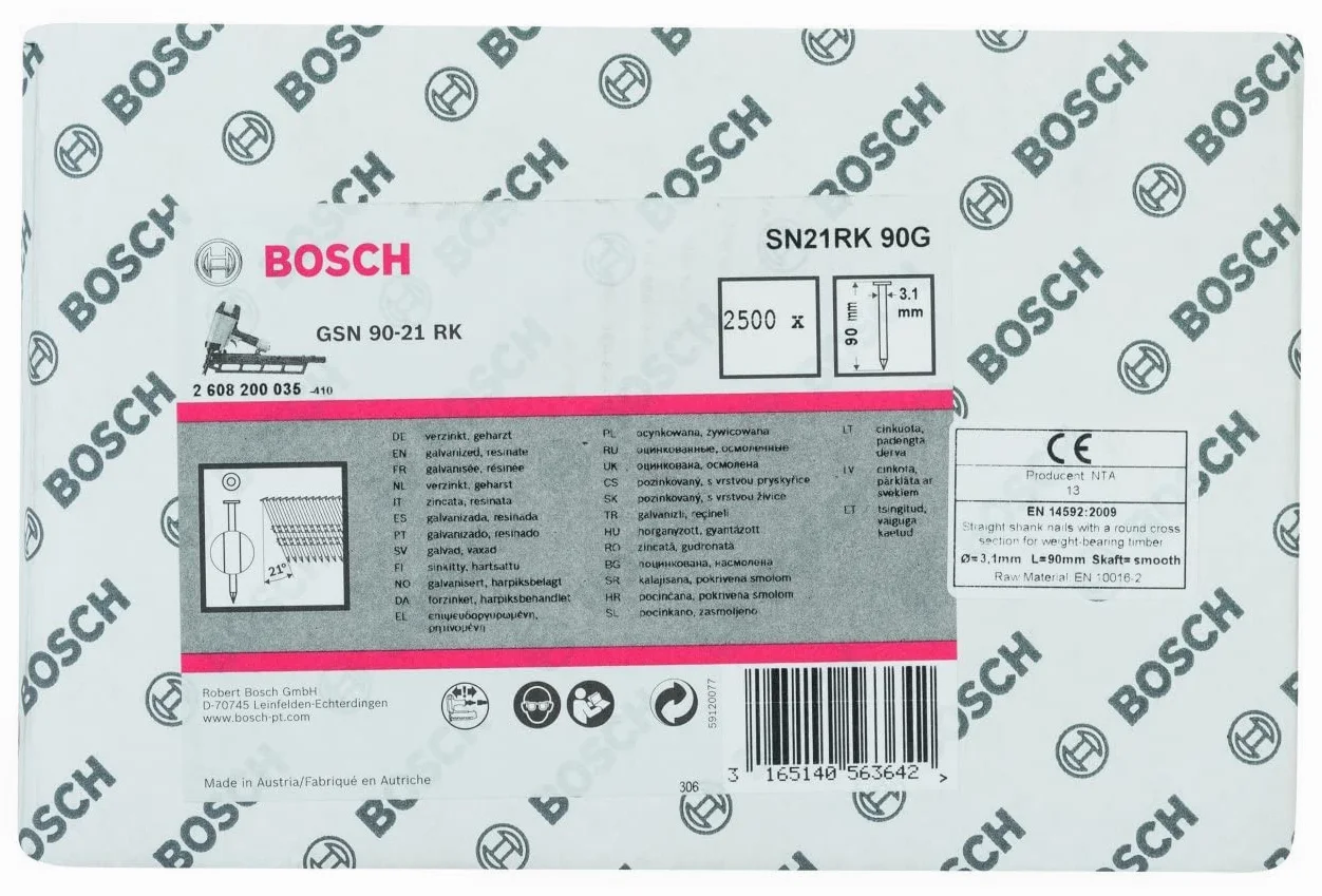Bosch 2608200035 SN21RK okrągła głowica gwoździa, ocynkowana gładka, 90 mm x 3,1 mm, srebrny