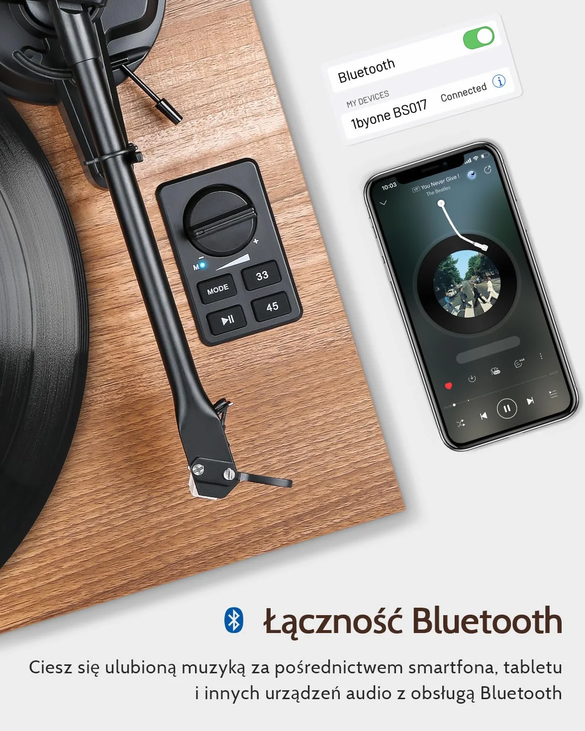 1 BY ONE Gramofon Bluetooth HiFi System MM 33/45 obr./min z USB, Napęd paskowy, Automatyczne zatrzymanie