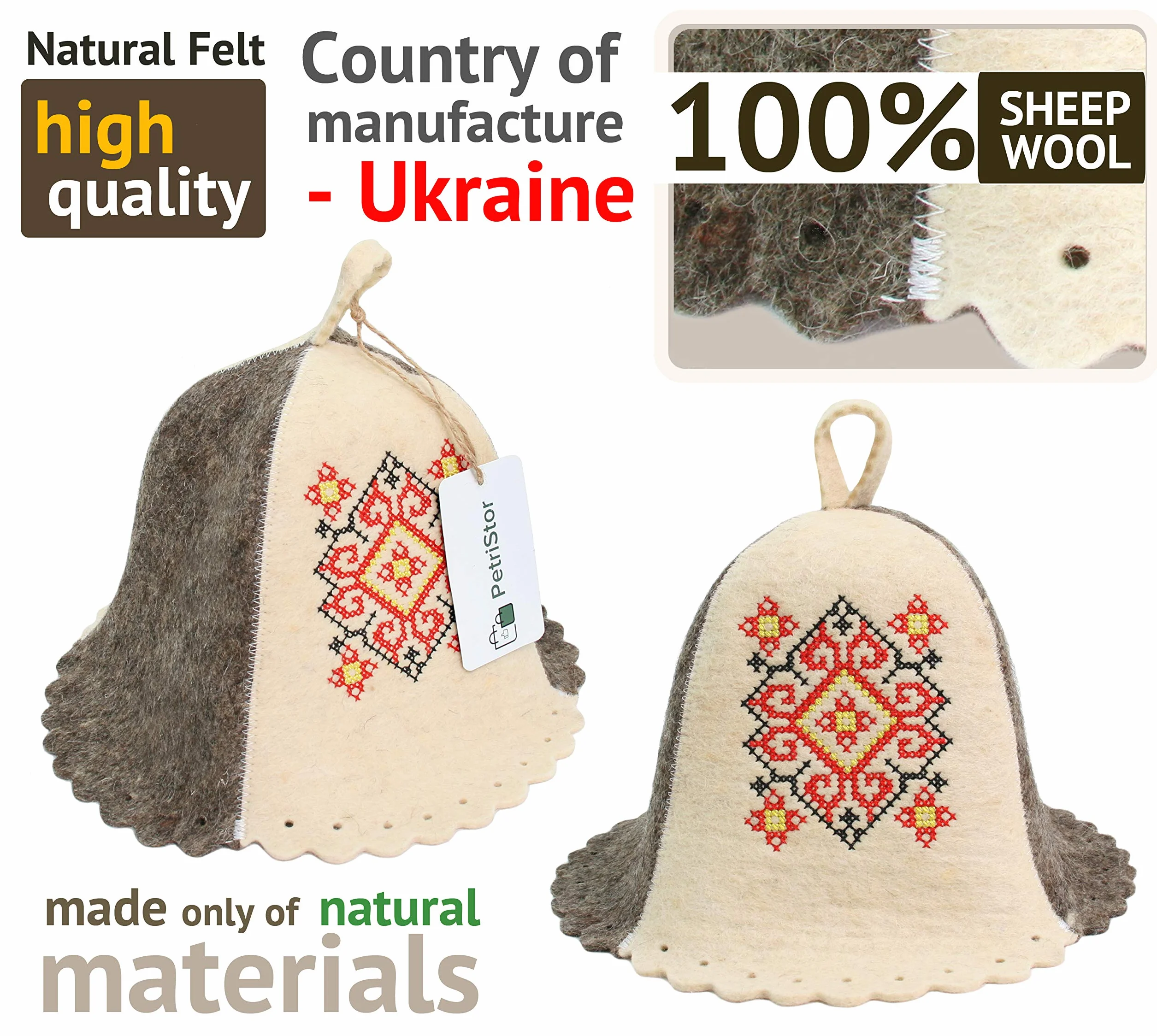 PetriStor Kapelusz do sauny ukraiński ornament kapelusz do łaźni/waporarium dla mężczyzny/kobiety naturalny filc