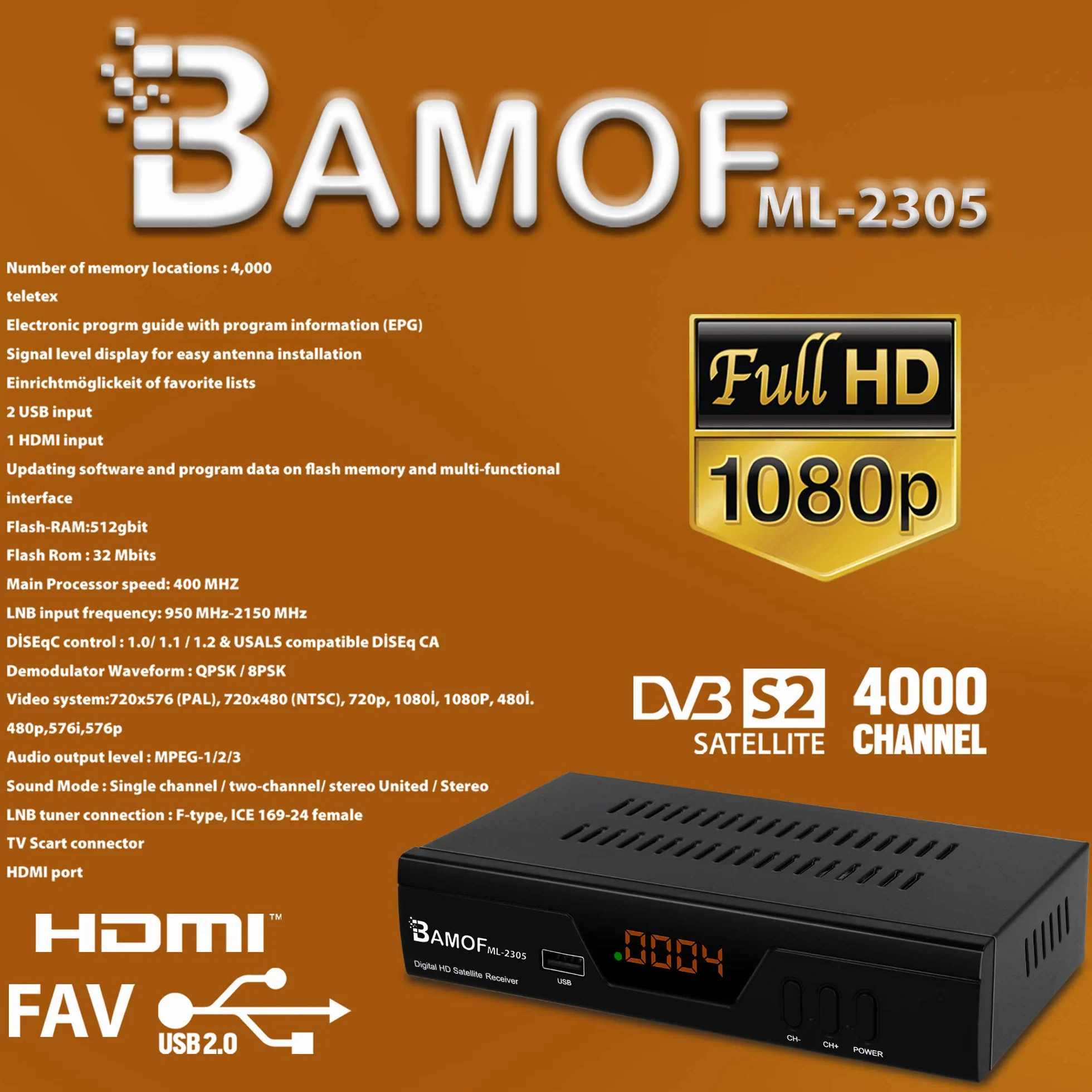 Bamof 2305 Cyfrowy odbiornik satelitarny HDTV DVB-S/S2 HDMI Full HD 1080p