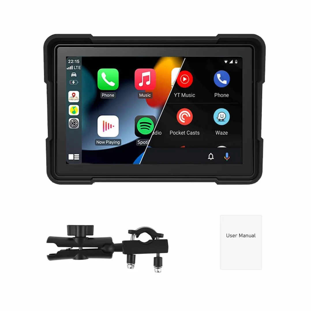5-calowy przenośny ekran dotykowy do motocykla, bezprzewodowy ekran dotykowy CarPlay i Android Auto Dual Bluetooth, wodoodporność IP66, obsługa Siri i G-oogle Assistant