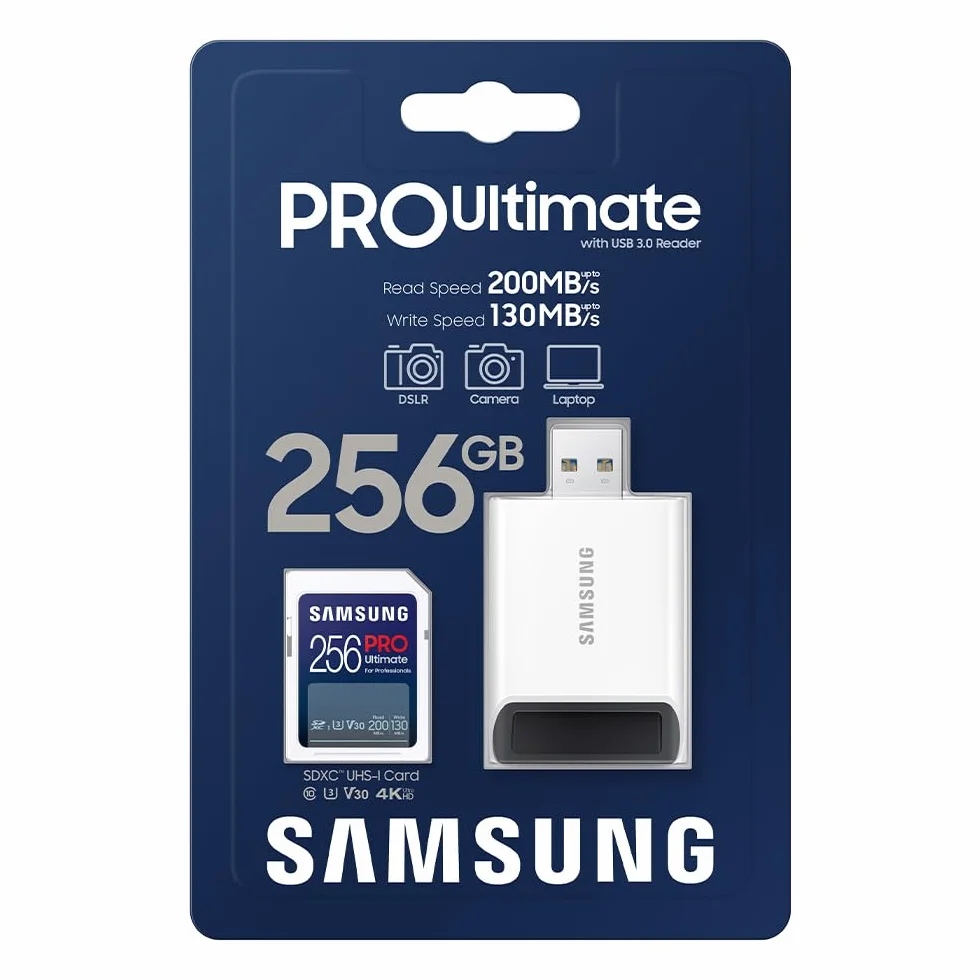 Samsung Karta SD PRO Ultimate 256 GB, UHS-I U3, Full HD i 4K UHD, odczyt 200 MB/s, zapis 130 MB/s, karta pamięci do smartfona, drona lub kamery, w zestawie czytnik kart USB, MB-SY256SB/WW