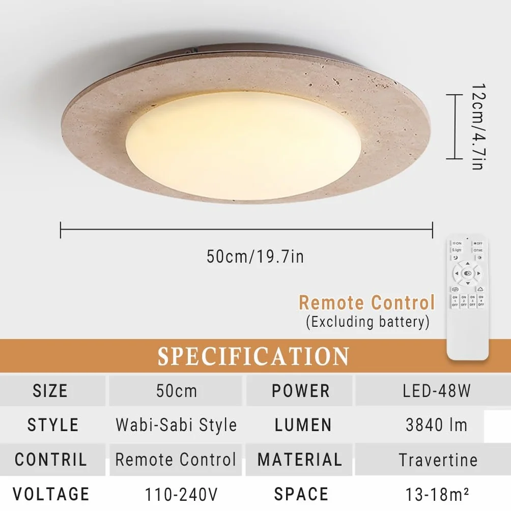 Plafon LED Trawertyn Wabi Sabi Ściemnialny Regulowana Temperatura Koloru Plafon Z Kamienia Naturalnego Dla Sypialni Salon Jadalnia Kuchnia Hotel Kawiarnia Dekoracja Wewnętrzna(A-50cm)