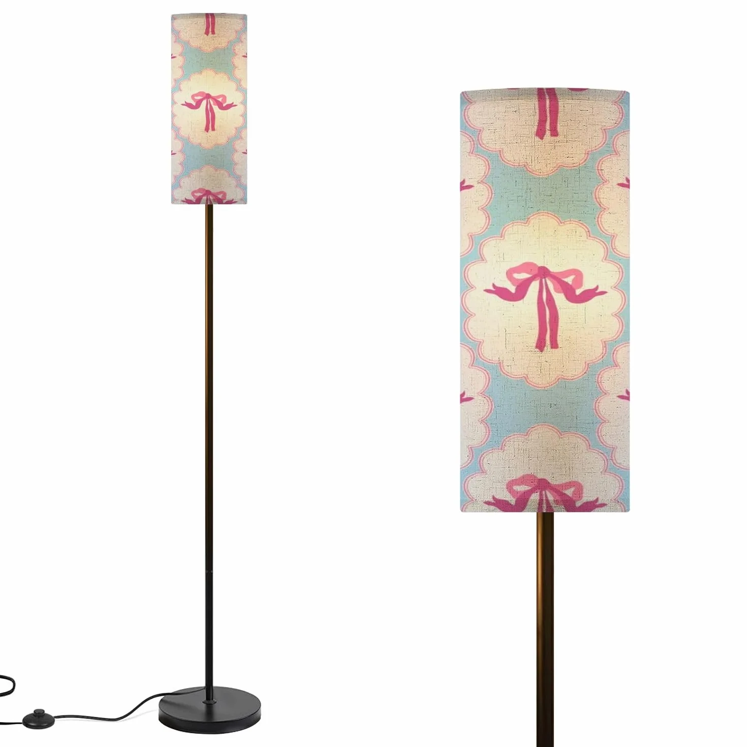 Nowoczesne lampy podłogowe do salonu, śliczne wstążki, ręcznie rysowane lampy stojące z lnianym abażurem, duża lampa na metalowym słupku, do sypialni, biura, czytania
