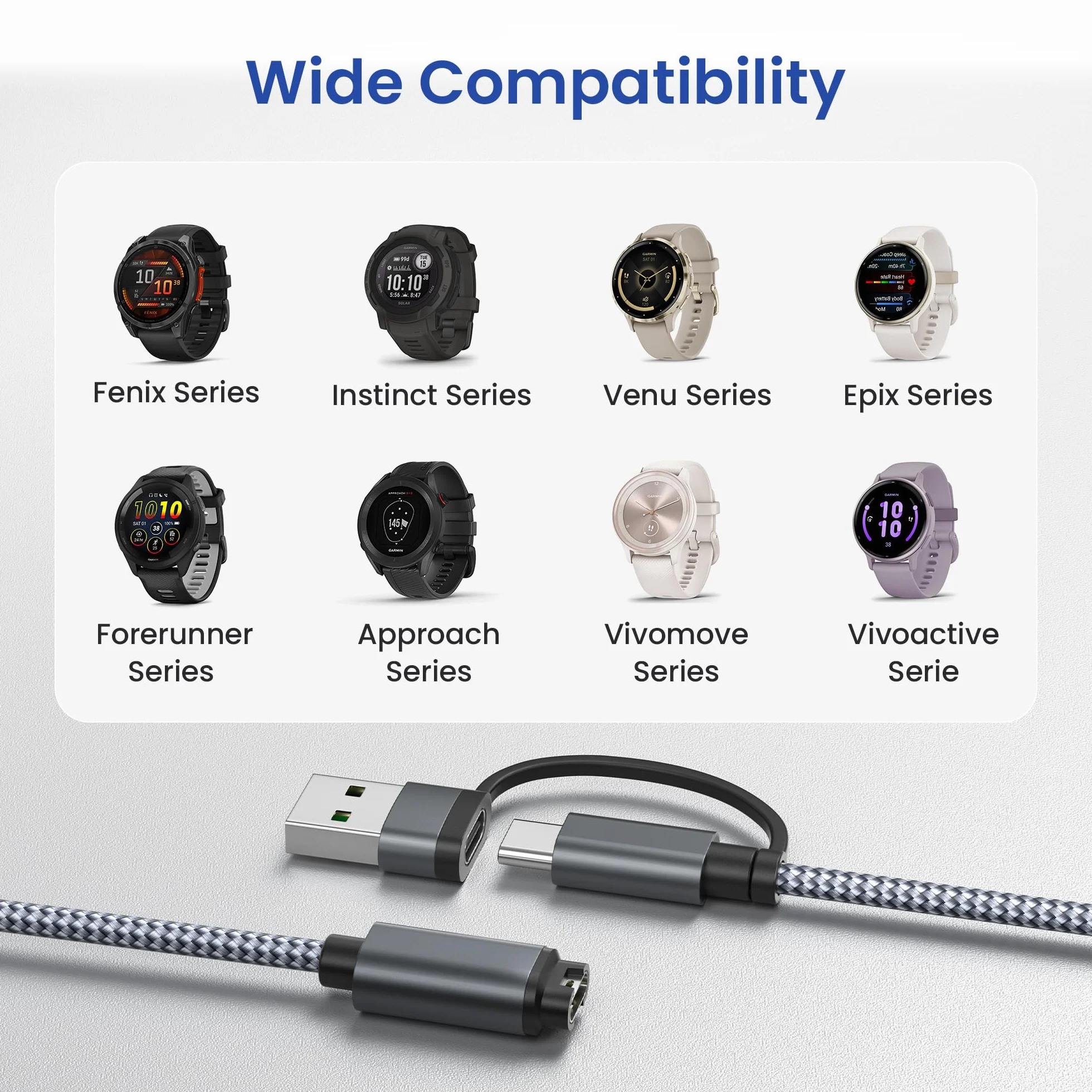 Itramax Kabel ładowarki 2 w 1 do Zegarka Garmin 1,2M 2 Sztuki,Przewód Zasilający do Garmin Fenix 8 E 7 7X 7S Sapphire Solar,Venu X1 3 3S 2S SQ 2,Forerunner 945 935 245 Music,Quatix 8 7,Epix Pro,Venu 3
