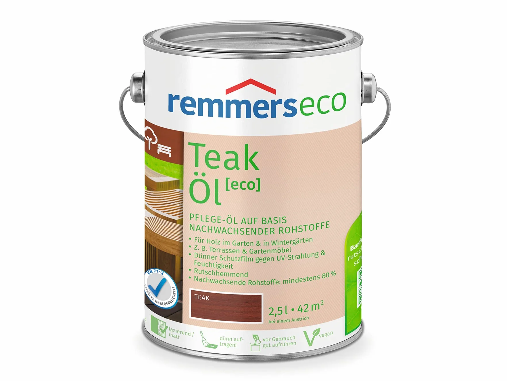 Remmers Olej tekowy [eco], 5 l, olej tekowy do użytku na zewnątrz i wewnątrz, optymalny do mebli ogrodowych z drewna tekowego lub tarasów z drewna tekowego, ekologiczny, przyjazny dla pszczół