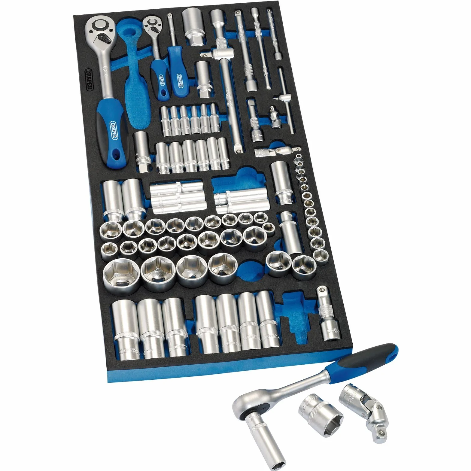 Draper 63540 1/4", 3/8" i 1/2", 84-częściowy zestaw z pełną szufladą z wkładką EVA, niebieski