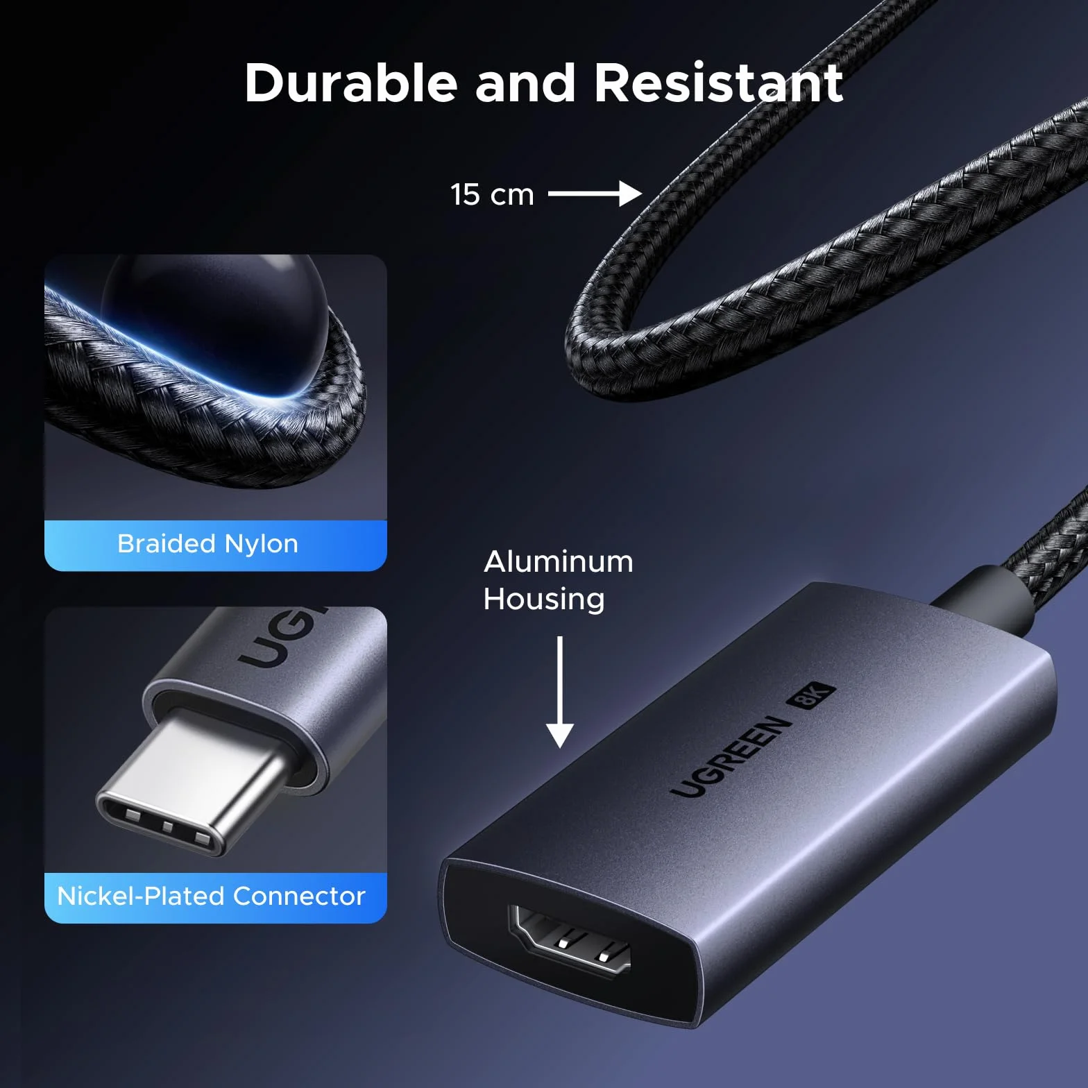 UGREEN Adapter USB-C na HDMI, HDMI 2.1, 8K przy 60 Hz, 4K przy 240/120 Hz, 1440p przy 144 Hz, Thunderbolt 5/4/3, HDR, G-Sync, kompatybilny z MacBookiem Pro M5/M4, Mac Air/Mini, iPhone'em 17/16/15