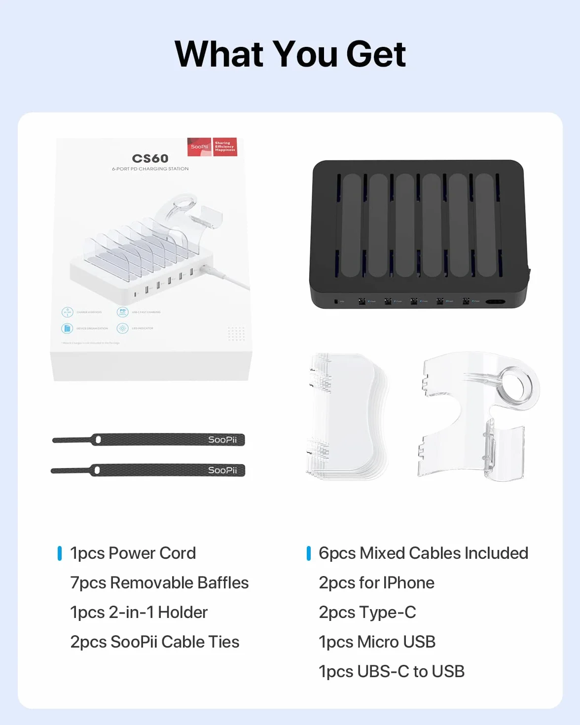 SooPii 60W 6-portowa stacja ładująca USB C PD 20W szybkie ładowanie