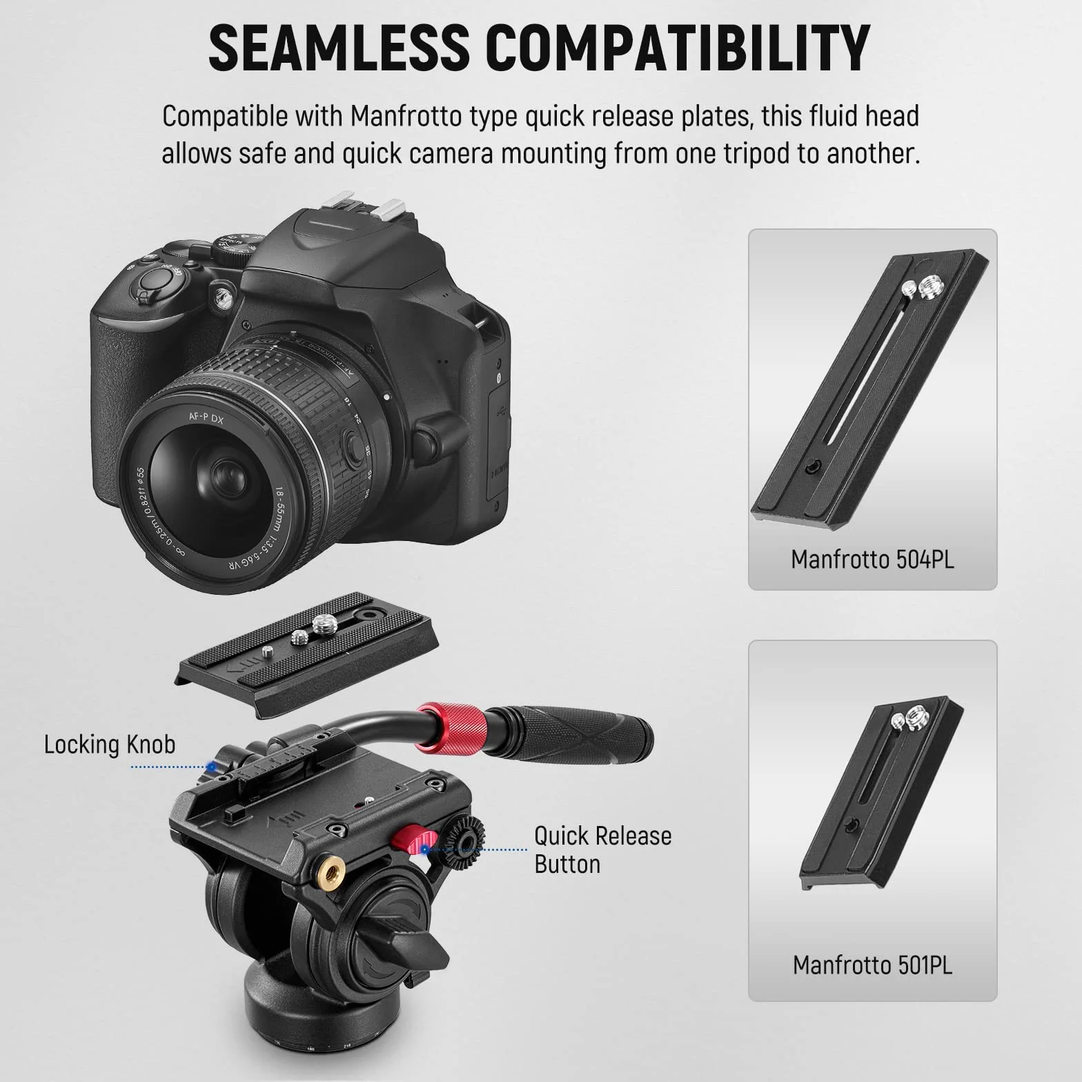 NEEWER Głowica płynu statywu wideo z płytą szybkiego zwalniania, kompatybilna z Manfrotto, ⌀55 mm, 6 kg