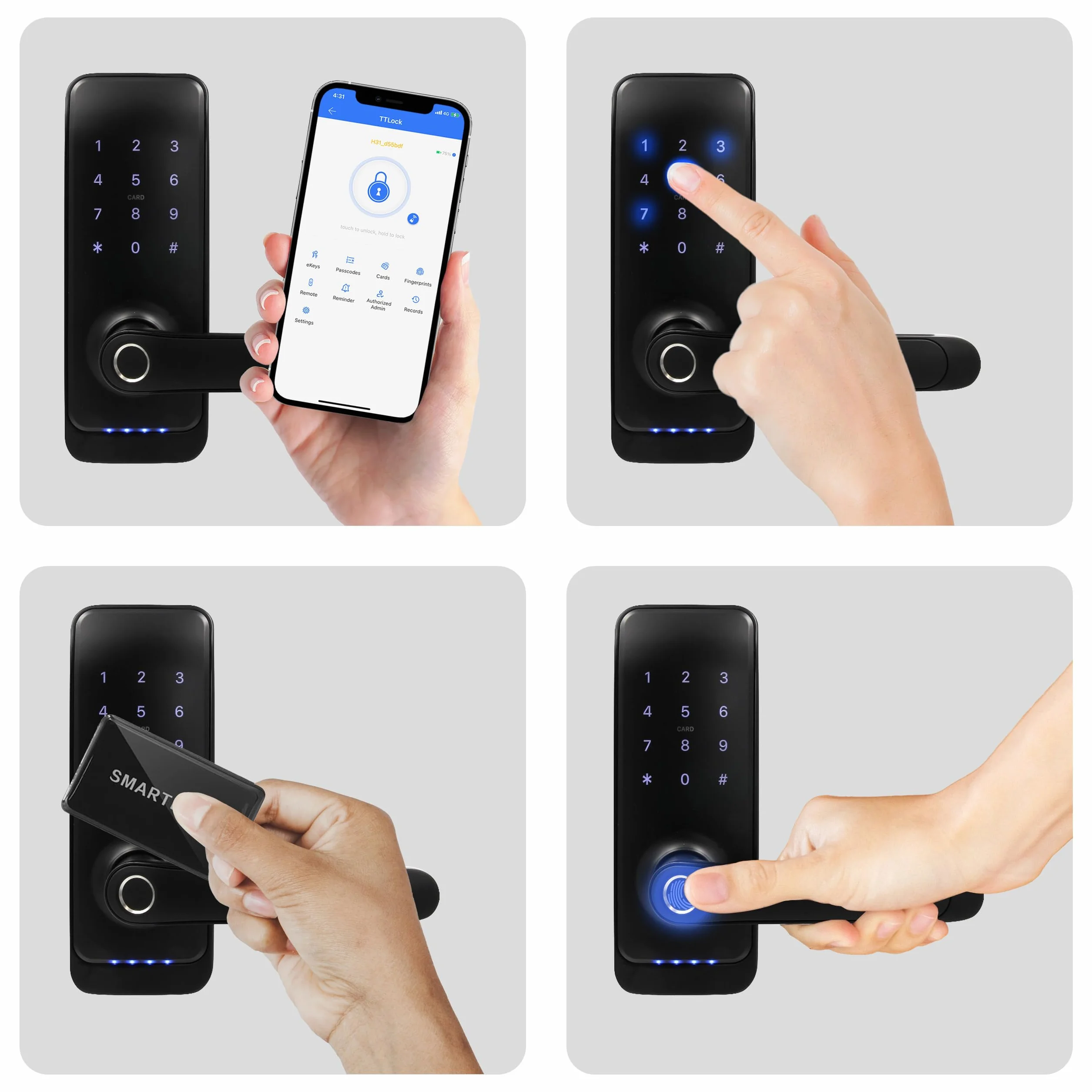 EURA ELH-01H4 inteligentny zamek do drzwi z uchwytem, zamek kodowy, czytnik zbliżeniowy 13,56 MHz, czytnik biometryczny, aplikacja TTLock/TTHotel, IP65, uniwersalny odstęp rygli, czarny