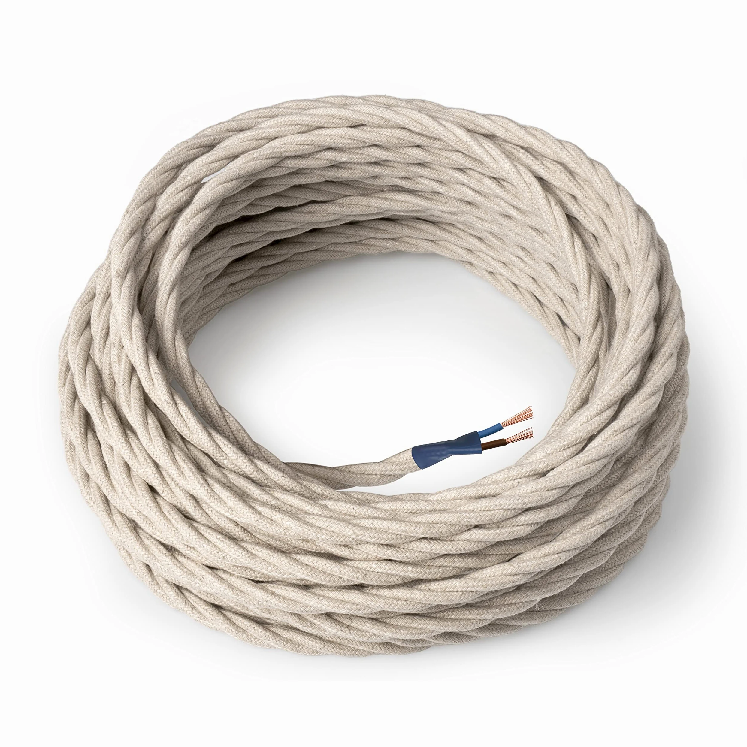 Amarcords - Kolorowy tekstylny kabel elektryczny ECRU, pleciony, konopie, 50 metrów, z dwoma przewodami 2x0,75 - Pokryty kolorow? tkanin? vintage kabel do lamp, ?yrandoli, kinkietów i aba?urów