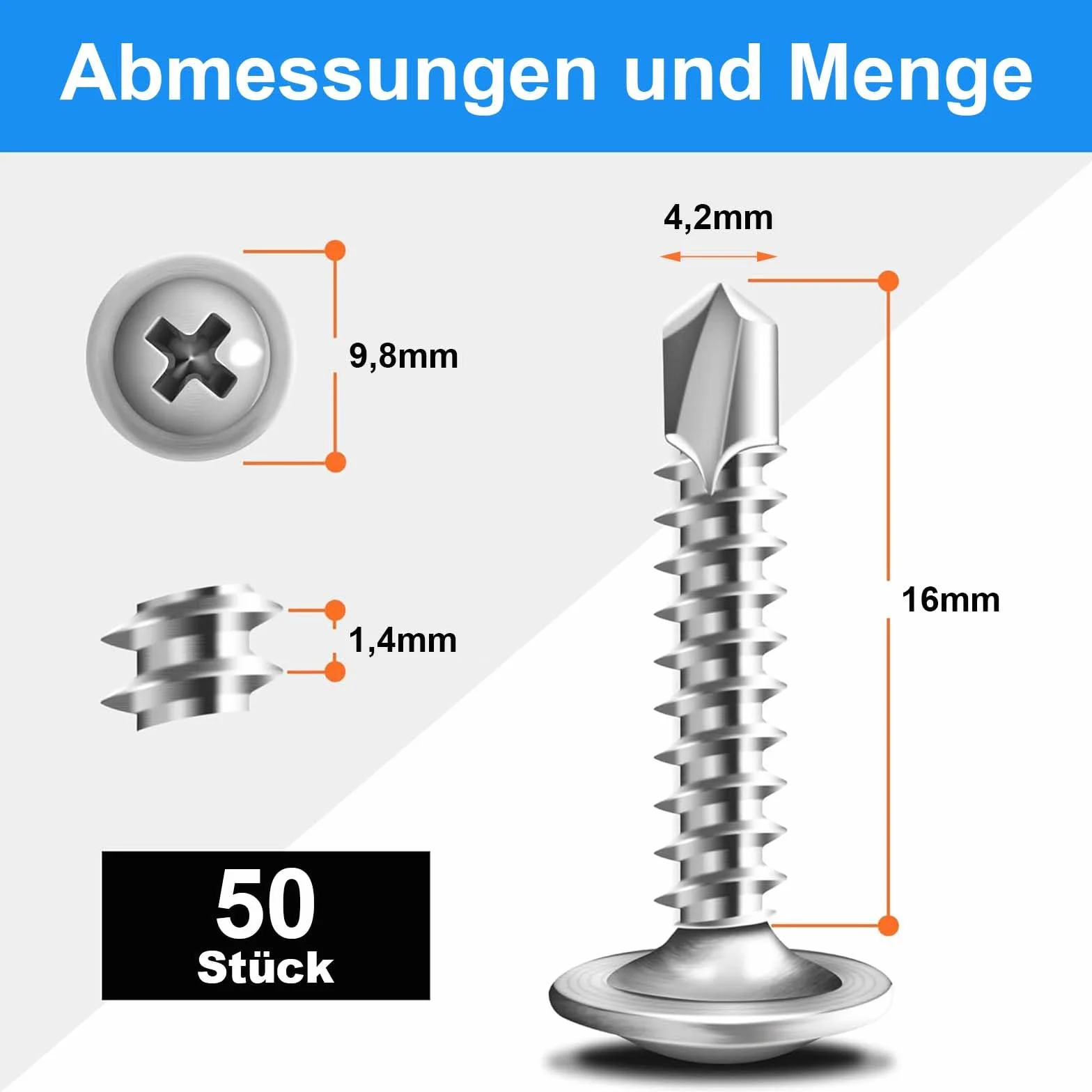 50 sztuk śrub do blach 4,2 x 16 mm, śruby wiertnicze, śruby samogwintujące ze stali nierdzewnej, śruby z gniazdem krzyżakowym, z końcówką śrubokręta