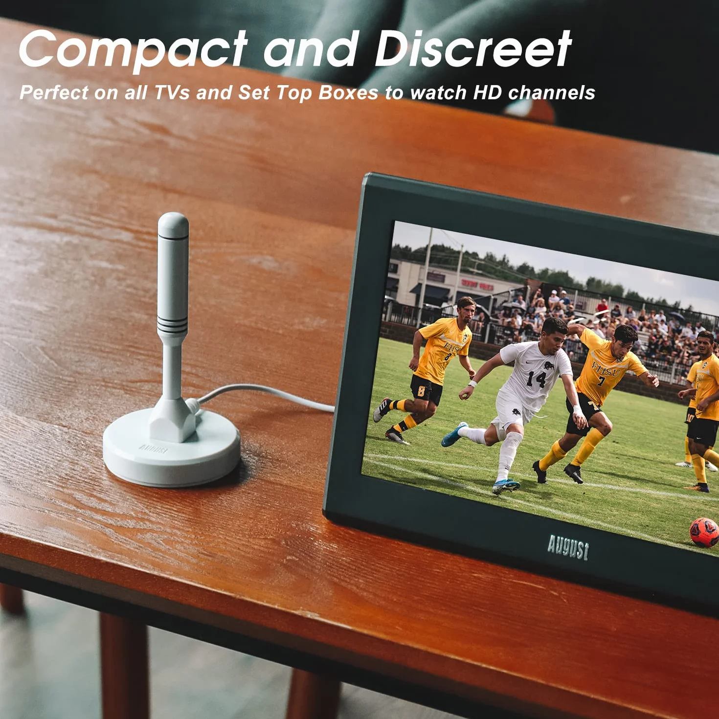 August DTA240-Antena telewizyjna o dużym wzmocnieniu-Przenośna cyfrowa antena HD do użytku wewnątrz/na zewnątrz do tunera telewizyjnego USB/Telewizja DVB-T/Radio DAB/4K-Z podstawą magnetyczną[Biały]