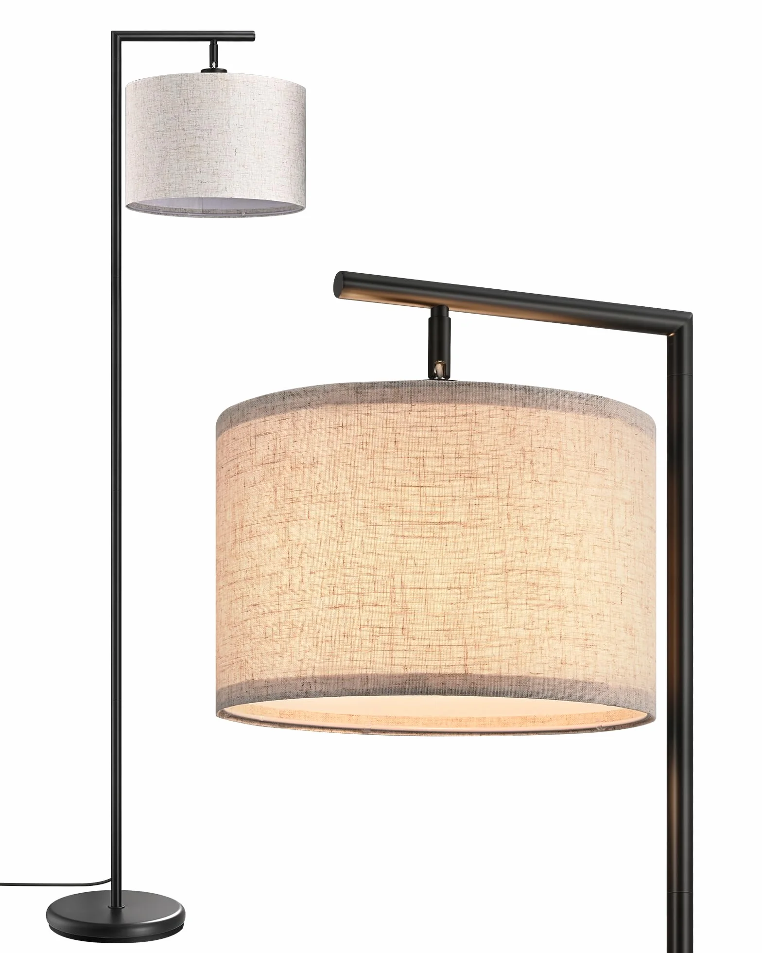 EDISHINE Lampa stojąca do salonu, lampa łukowa z beżowym lnianym kloszem, gniazdo E27, 160 cm, czarna lampa podłogowa z regulowanym kloszem, do sypialni, pokoju dziecięcego