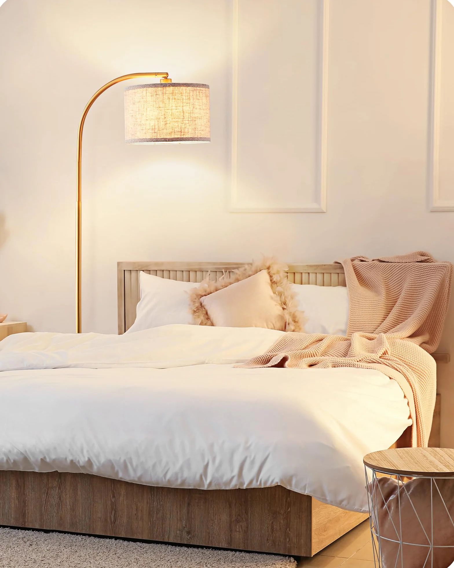 EDISHINE Lampa Stojąca Do Salonu, 161 Cm, Lampa Łukowa Z Regulowanym Beżowym Abażurem Lnianym I Przełącznikiem Nożnym, Z Żarówką LED E27, Lampa Do Czytania Do Sypialni, Nowoczesna Lampa Stojąca