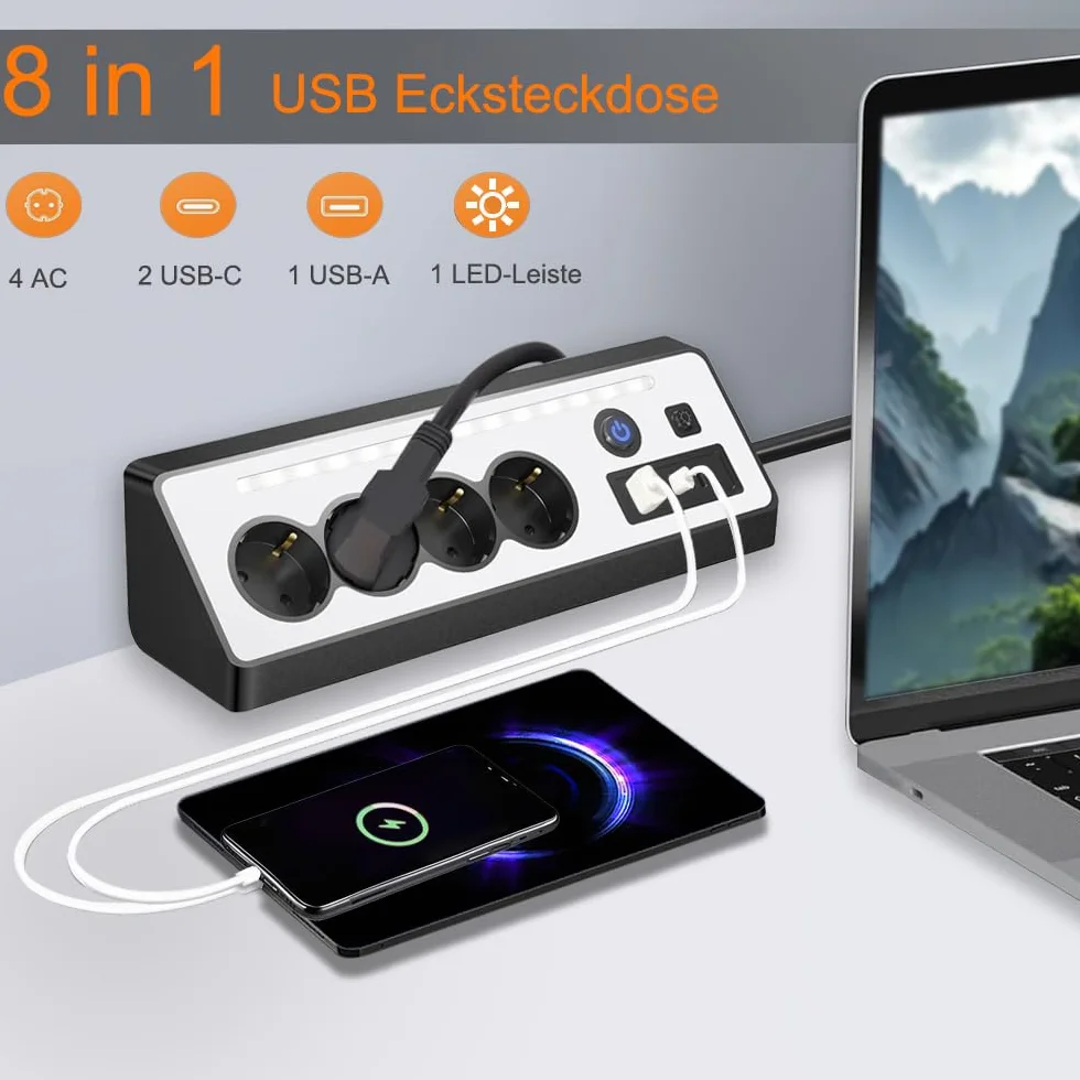Listwa zasilająca narożna, listwa zasilająca, 4 gniazda wtykowe z USB i 2 typami C, listwa zasilająca, ochrona przed przepięciem z diodami LED, kabel 1,5 m, do kuchni, biura, czarna